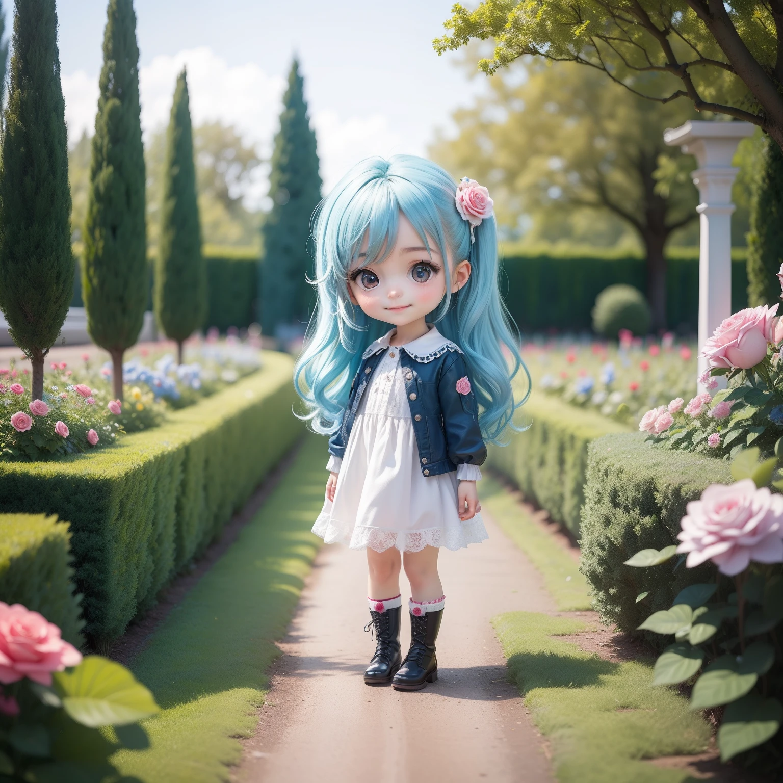 Cute Baby Chibi Anime,(((Super masterpiece、top-quality、ultra-detailliert、1 girl in、Chibi:1.5)))、Fashionable Chibi、fashion modell、Rose embroidered dress、Laced boots、outside of house、(Blue roses:1.1)、(Coloma Rose Garden in Belgium:1.2)、The best smile、Looking at the camera、A detailed face、highdetailskin、Aqua Blue Sauvage Hair、(Chibi:1.4)