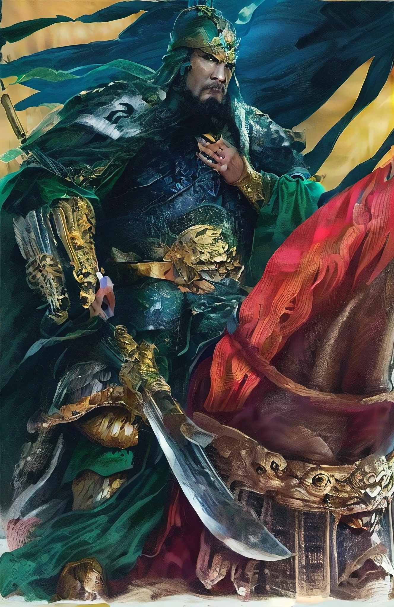 Draw a general of the Three Kingdoms on horseback，Wearing a green robe，Wearing gold armor, Guan yu, (4K, Best picture quality, A high resolution:1.1), (Masterpiece:1.1), mtu, (Chinese male:1.2), Middle Age, Warriors, A detailed eye, lbeard, musculous, Strong, bravery, bravery, Powerful, glorious,Be disciplined，self-assured，looking at viewert，the face，Bracers，shelmet，Armour，handheldweapons, portrait of drizzt do'urden, Lott fanwork, Chinese Han Dynasty armor, lord of the ring art, inspired by Fan Kuan, epic full color illustration, author：Karen Beit, full art illustration