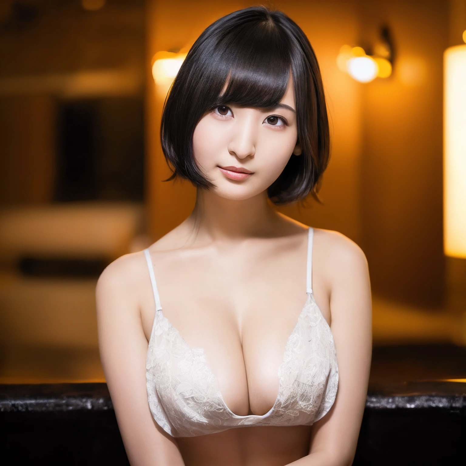 20yo, 8k, RAW portrait of (japanese girl), photo realistic, ultra high res, best quality, real life photo , dramatic, atmospheric, (at night :1.1), 1girl, a very beautiful japanese girl, sexy pose, (topless 2), nsfw, glamour shot of girl, short hair, textured skin, closed mouth, (smile:0.7), pale skin, bangs, big beautiful detailed eyes, black hair, beautiful detailed nose, (flat Chest: 0.5), upper body, a woman posing at a skyline, look camera, blurry background,