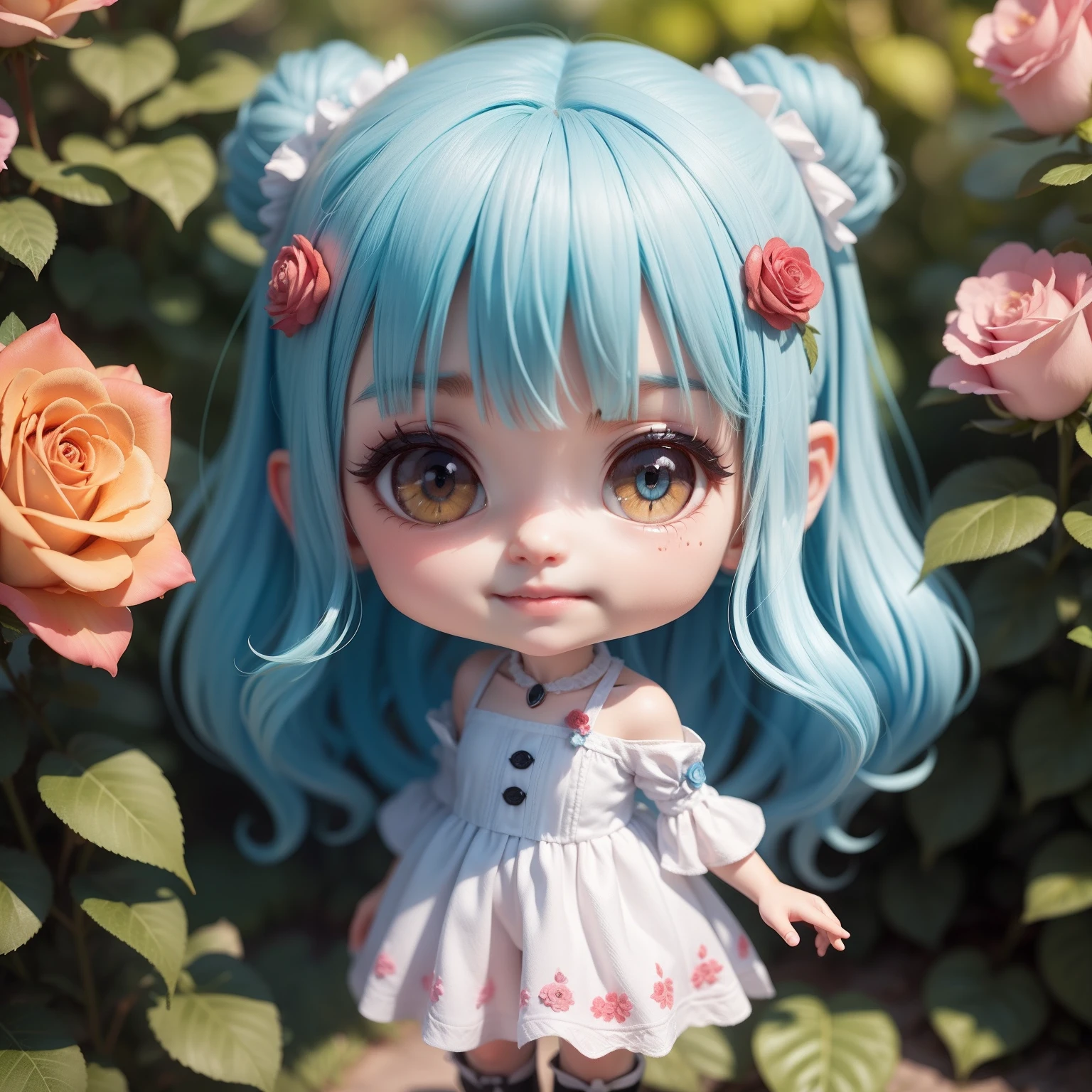 Photorealistic、Doll standing in front of the painting（Nendoroid）、Laughter、Water drops on cheeks、In a cute pose、水彩Nendoroid、(High Resolution Figure)、Flowing iridescent silk、Close-up of face、Look up、Heart patterned contact lenses、Two hands holding a heart decorated with flowers、There are also flowers in front of the Nendoroids、petal、season!!: summer☀ 🍂