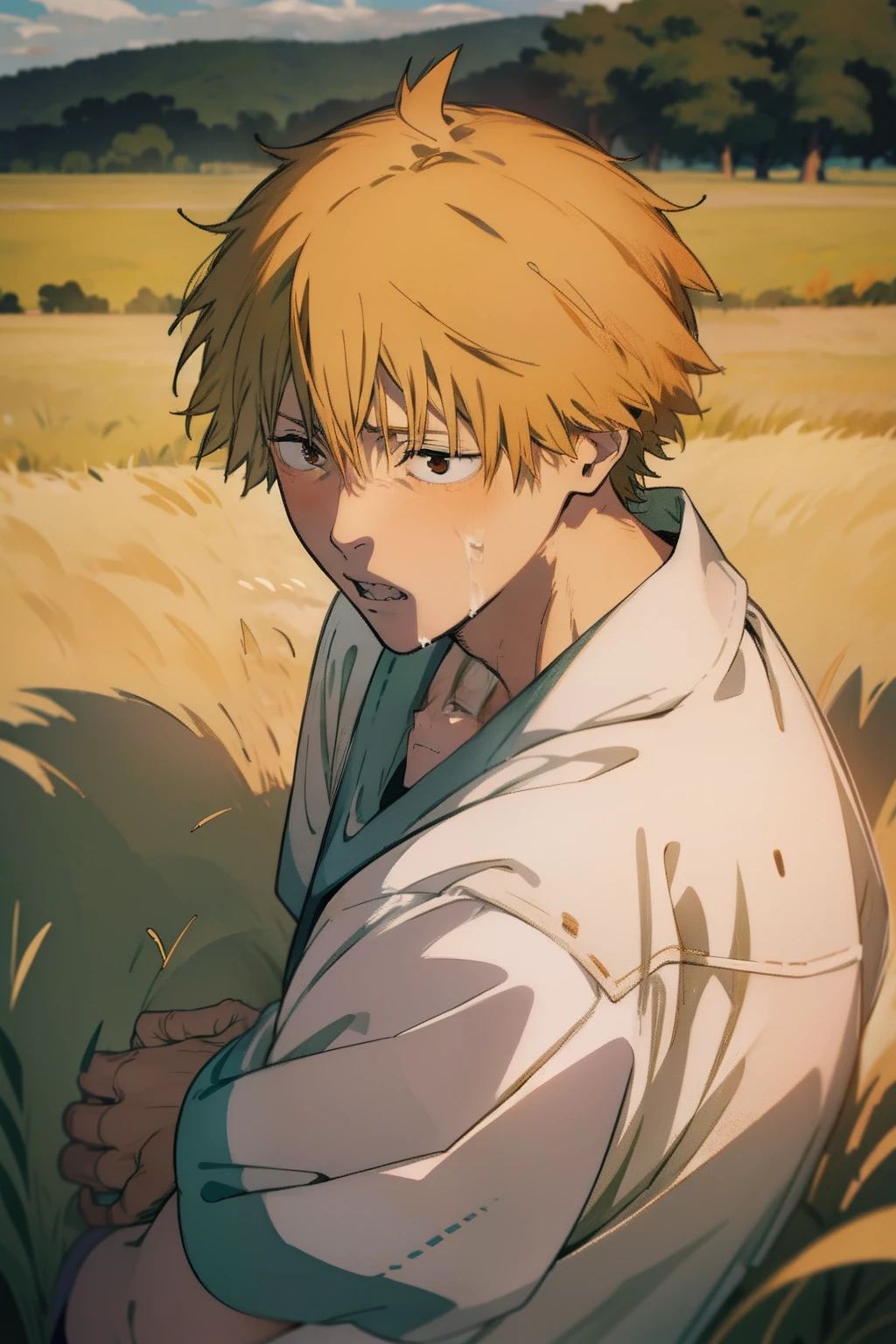 denji in a field with an expression of sadness