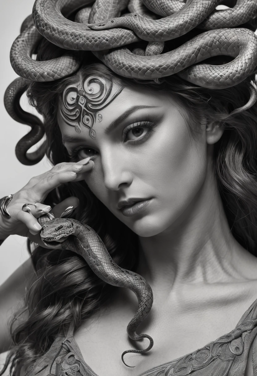 Woman, bloody face, snakes instead of hair, medusa, photo realistic