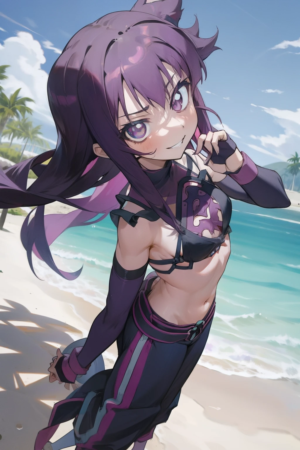Crea una foto de Hyuuga Hinata, pechos gigantescos, pantalones cortos de jean, Parte superior blanca, purple hair, ruboroso, sonriente, chaqueta azul, en la playa, muslos gruesos, Cara hermosa, bonita sonrisa, ojos grandes, asymmetrical bangs, ligeramente tiene abdominales, small waist, Showing through the top, posando junto a una pared, Palmera de fondo con playa, solamente, 1girl, hermoso cielo, Peleando, pose de pelea, Fighting pose , en guardia,