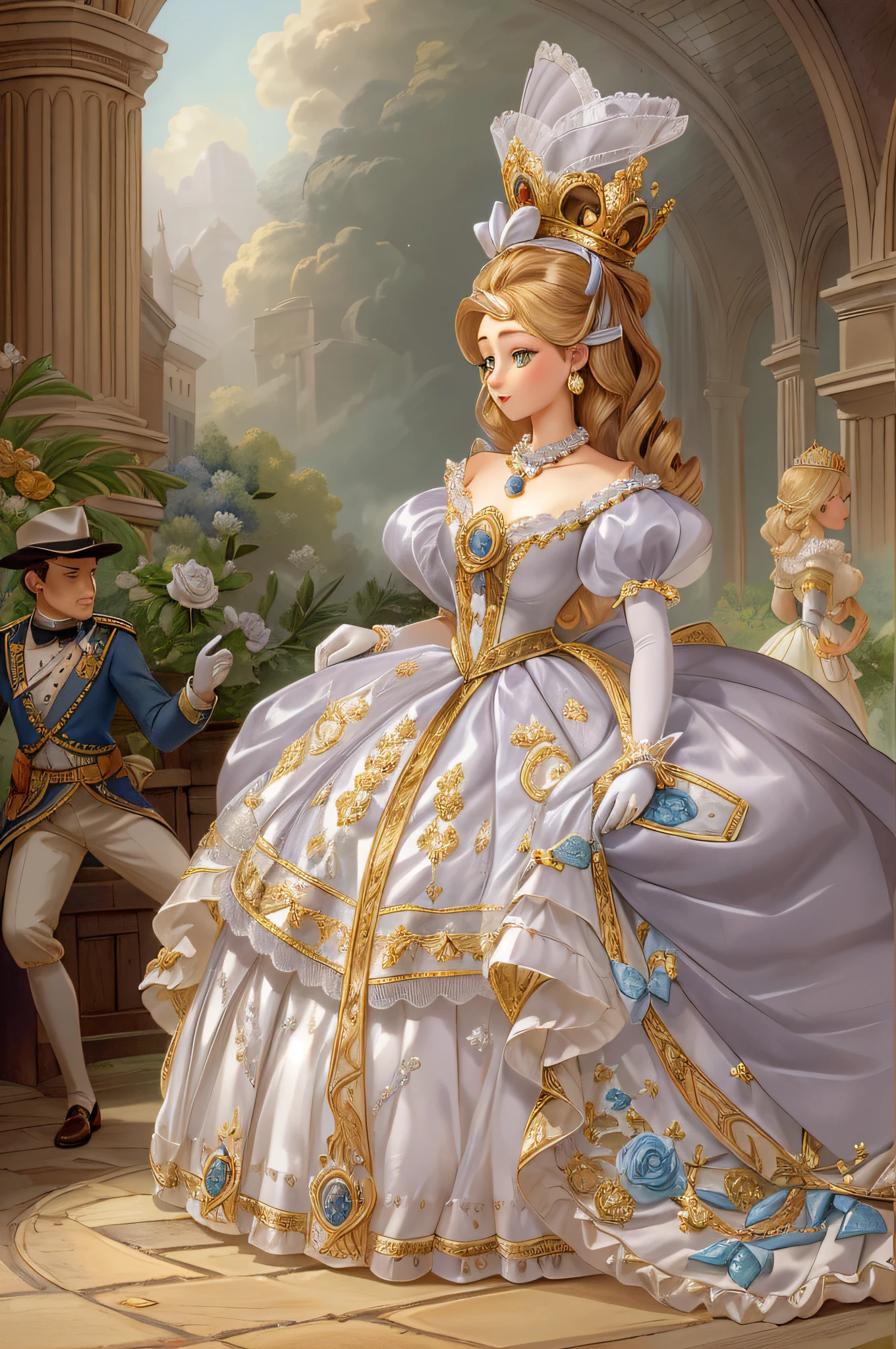 John Tenniel, Victorian Fairytale art, Serious Greer Grammer as a Crown Princess wearing regalia including a stately and elaborate Court Dress of white satin and tulle adorned with (((huge ribbon bows))), roses, lace, frills, flounces, silver embroidery, silver braid, and jewels, with (((enormous puffed sleeves))), an hourglass waist, and a (((voluminous crinoline hoopskirt))), (((bustle))), long white gloves, pearl and diamond necklace and earrings, elaborately curled and styled hair