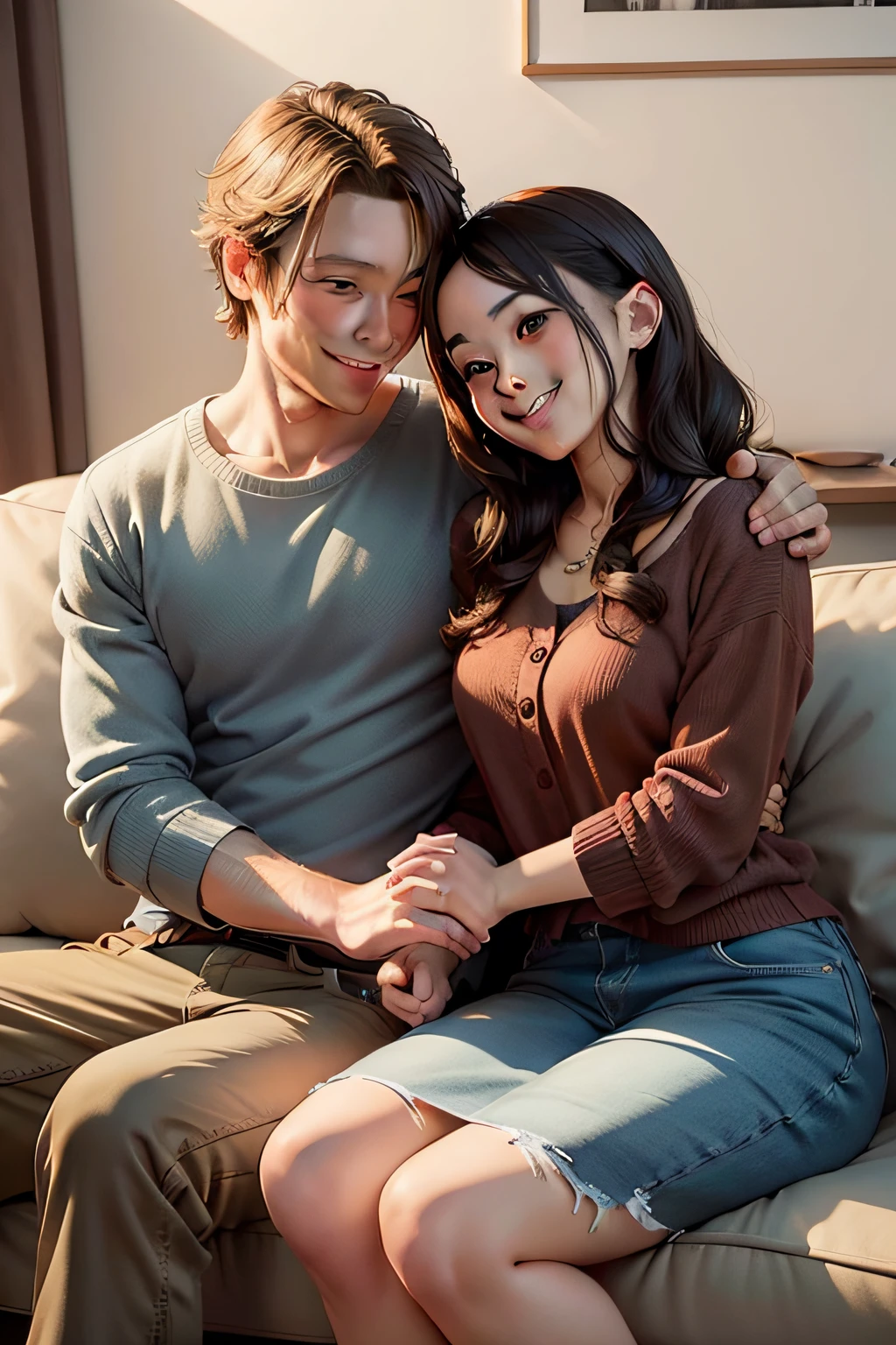 A couple smiling at each other as they sit on the couch