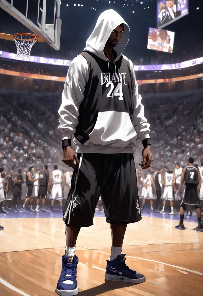 Luis Royo cup head art style, graffiti, full body illustration Kobe Bryant in silhouette, wearing a hoodie hip hop clothing, gangster pose, basketball in hand, minimalistic, rtx, UHD, cell shading, 32k, ray tracing, well defined, comic, digital painting, cartoon, photorealistic, drawing, unreal engine, octane render, shaders, 4d