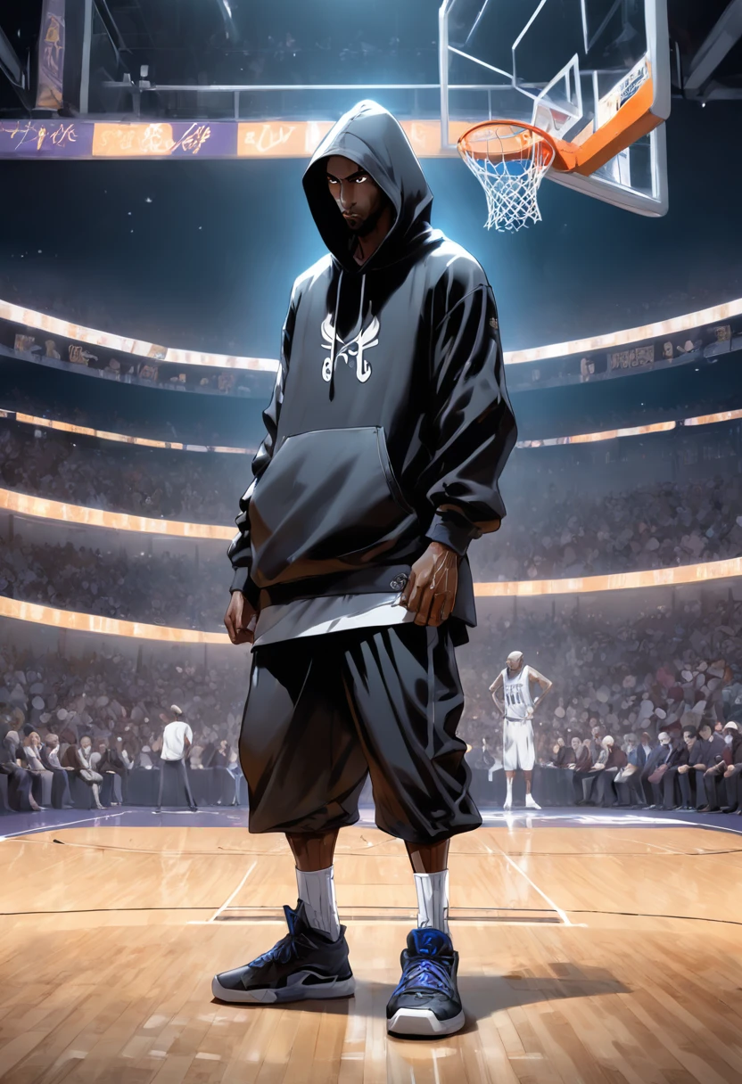 Luis Royo cup head art style, graffiti, full body illustration Kobe Bryant in silhouette, wearing a hoodie hip hop clothing, gangster pose, basketball in hand, minimalistic, rtx, UHD, cell shading, 32k, ray tracing, well defined, comic, digital painting, cartoon, photorealistic, drawing, unreal engine, octane render, shaders, 4d