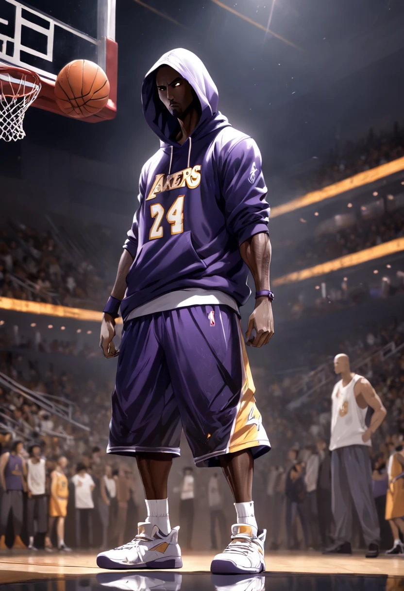 Luis Royo cup head art style, graffiti, full body illustration Kobe Bryant in silhouette, wearing a hoodie hip hop clothing, gangster pose, basketball in hand, minimalistic, rtx, UHD, cell shading, 32k, ray tracing, well defined, comic, digital painting, cartoon, photorealistic, drawing, unreal engine, octane render, shaders, 4d