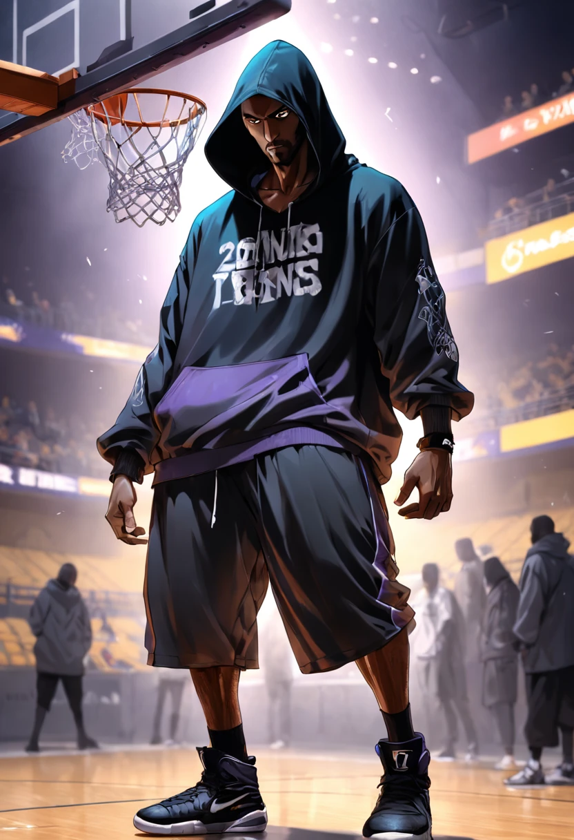 Luis Royo cup head art style, graffiti, full body illustration Kobe Bryant in silhouette, wearing a hoodie hip hop clothing, gangster pose, basketball in hand, minimalistic, rtx, UHD, cell shading, 32k, ray tracing, well defined, comic, digital painting, cartoon, photorealistic, drawing, unreal engine, octane render, shaders, 4d