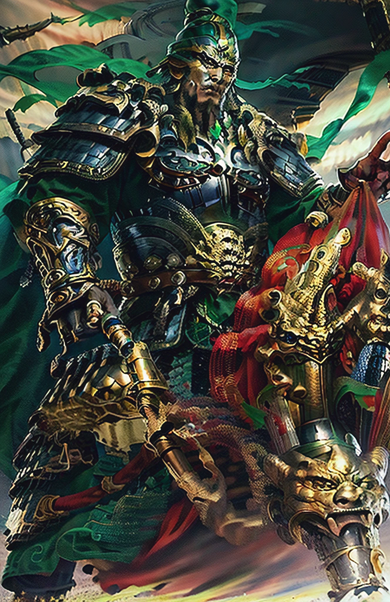 Draw a general of the Three Kingdoms on horseback，Wearing a green robe，Wearing gold armor, Guan yu, (4K, Best picture quality, A high resolution:1.1), (Masterpiece:1.1), mtu, (Chinese male:1.2), Middle Age, Warriors, A detailed eye, lbeard, musculous, mighty, bravery, Powerful, glorious,Be disciplined，self-assured， the face，Bracers，shelmet，Armour，handheldweapons, portrait of drizzt do'urden, Lott fanwork, Chinese Han Dynasty armor, lord of the ring art, inspired by Fan Kuan, epic full color illustration, author：Karen Beit, full art illustration