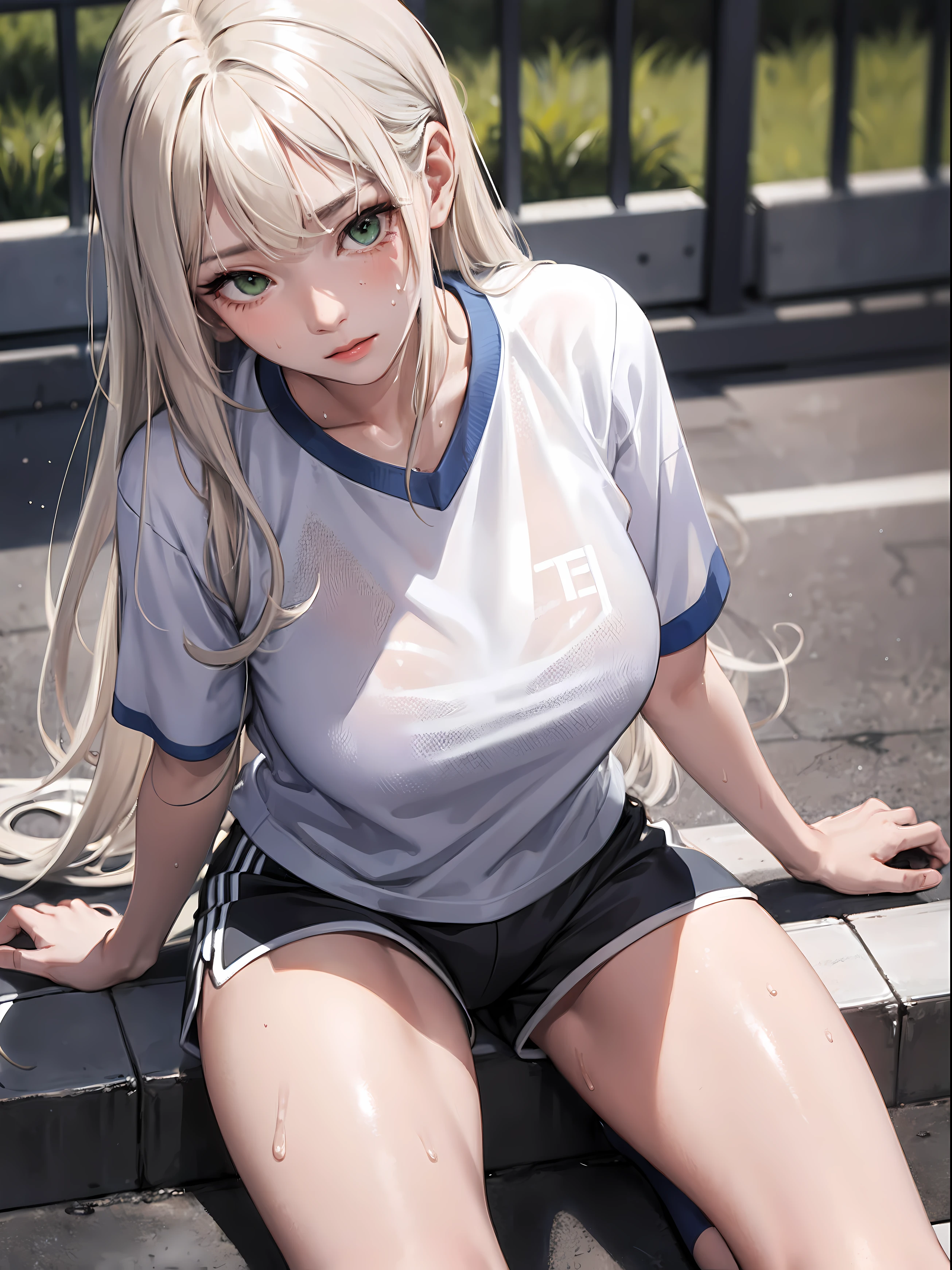(masterpiece:1.2, best quality), (real picture, intricate details), 1lady, solo, full body, sitting, casual, long hair, minimal makeup, natural fabrics, close-up face, tired face, tired, hot, long light platinum blonde hair, bangs, Korean bangs, bangs on forehead, green eyes, big breasts, bis tits, mature body, detailed face, sweaty, sweat, extremely sweaty, cute gym school uniform, PE uniform, tight athletic shorts, PE shorts, tight gym shorts, school t-shirt, cute unform, school, school setting, sweaty body.