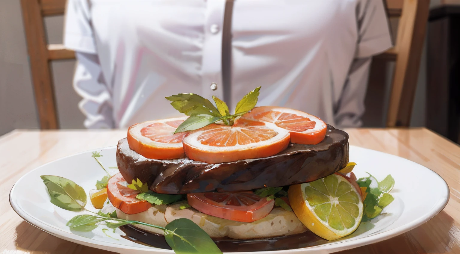 Hay un plato con un pastel con rodajas de naranja y verduras, delicioso, sano, por Aleksander Gierymski, ASPIC en placa, por Edward Avedisian, Foto profesional de comida, por Maksimilijan Vanka, por Juan O'Gorman, por Dietmar Damerau, por Siona Shimshi, Deliciosos