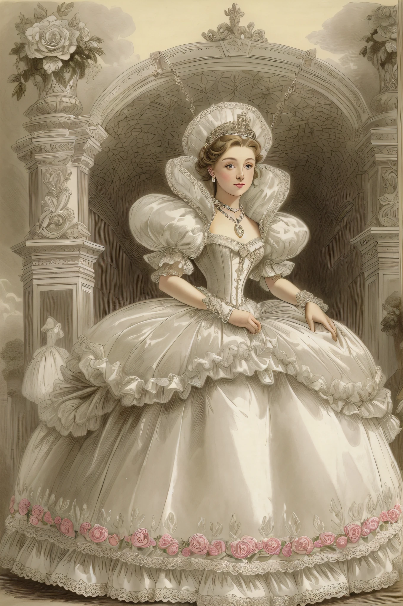 John Tenniel, Victorian Fairytale art, Serious Greer Grammer as a Crown Princess wearing regalia including a stately and elaborate Court Dress of white satin and tulle adorned with (((huge ribbon bows))), roses, lace, frills, flounces, silver embroidery, silver braid, and jewels, with (((enormous puffed sleeves))), an hourglass waist, and a (((voluminous crinoline hoopskirt))), (((bustle))), long white gloves, pearl and diamond necklace and earrings, elaborately curled and styled hair