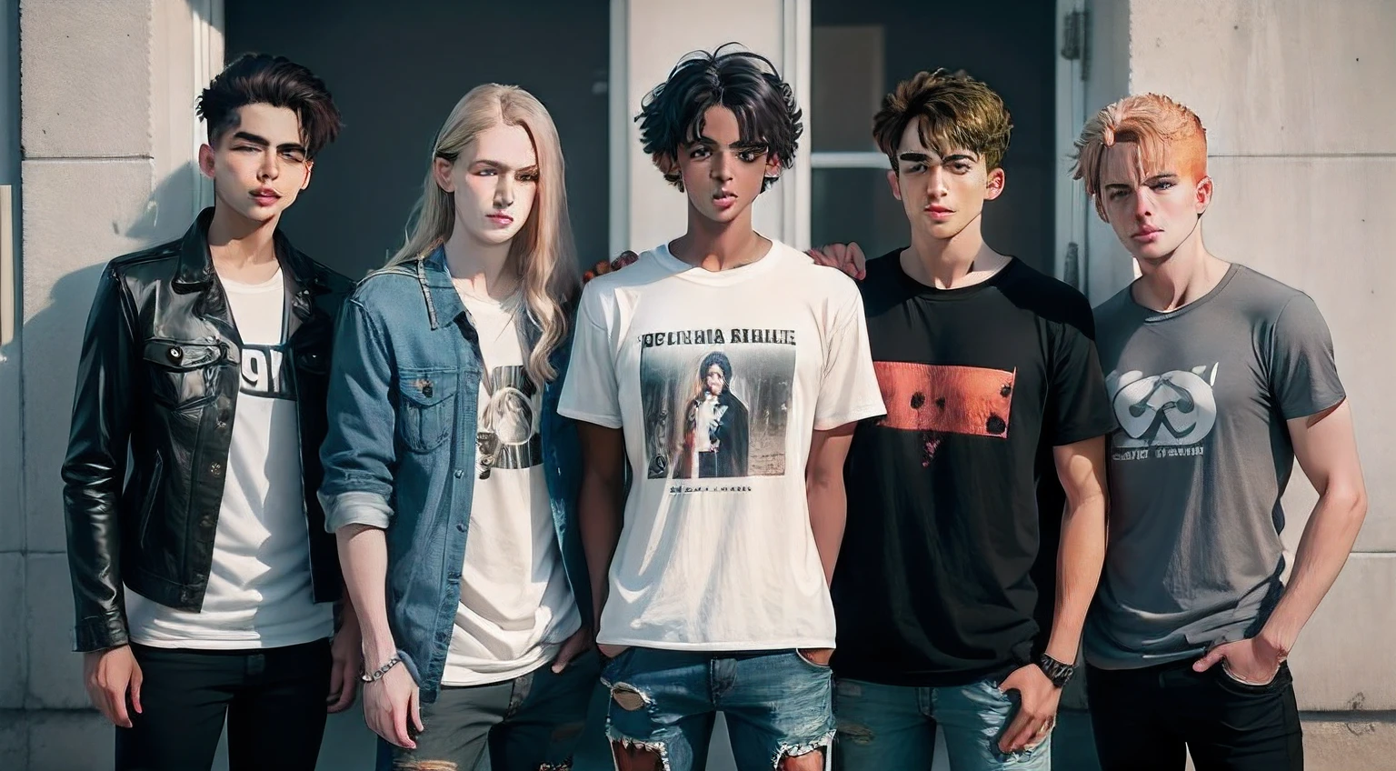 photo of 5 male teenagers standing next to each other. the first teenager has white skin, has blond hair, wears glasses, has white skin, has light eyes and is 1.80 tall. wears a white shirt, wears dark jeans and wears white sneakers. the second teenager has white skin, has freckles on his face, has short black hair, does not wear glasses, wears a black beret, has light eyes, is 1.65 tall. wears a white shirt, wears ripped faded jeans and wears white sneakers. the third teenager has brown skin, has curly brown hair, has brown eyes, is 1.75 tall. wears a black shirt, wears ripped faded jeans and wears white sneakers. the fourth teenager has white skin, has long and curly black hair, has light brown eyes, is 1.70 tall. wears a black shirt, wears ripped faded jeans and wears black sneakers. the fifth teenager has white skin, has long and straight blond hair, has light brown eyes, is 1.80 tall. wears a camouflage shirt, wears a denim vest, wears ripped black jeans and wears black boots.