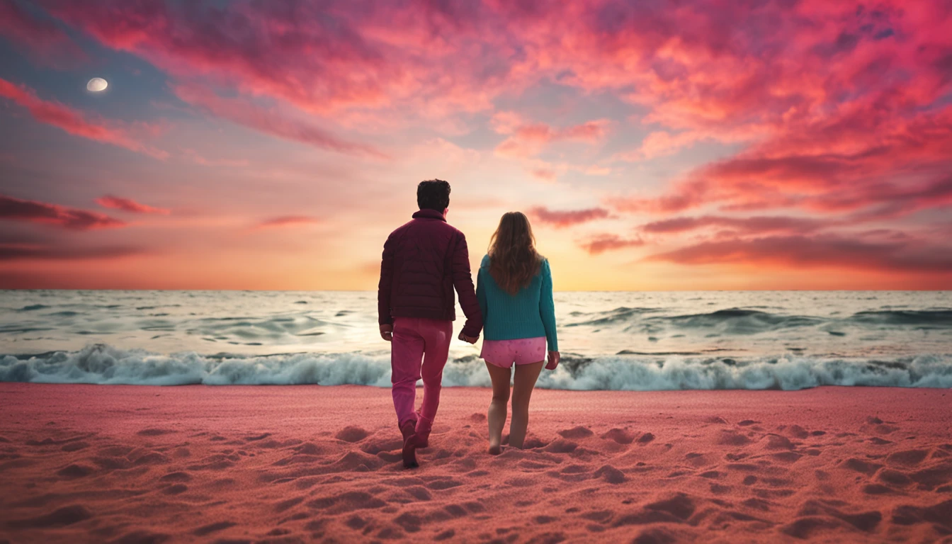 diaper couple, love, public, under clothes, sunset, girl wear pink diaper