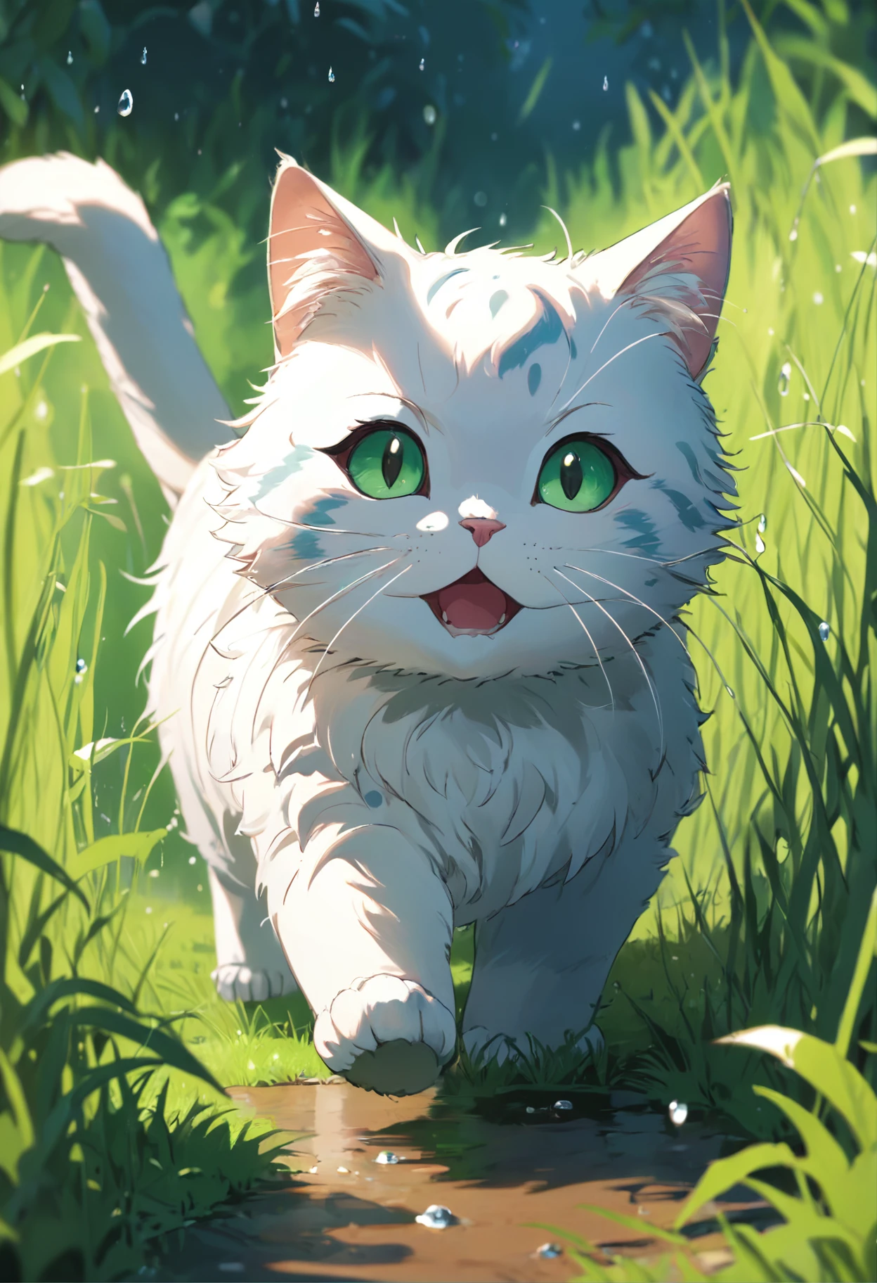 a cat walking in the grass, water drops, cute, masterpiece, best quality, animal, gorgeous, no_humans, life, happyness, nature, green, furr, earth, traced lights