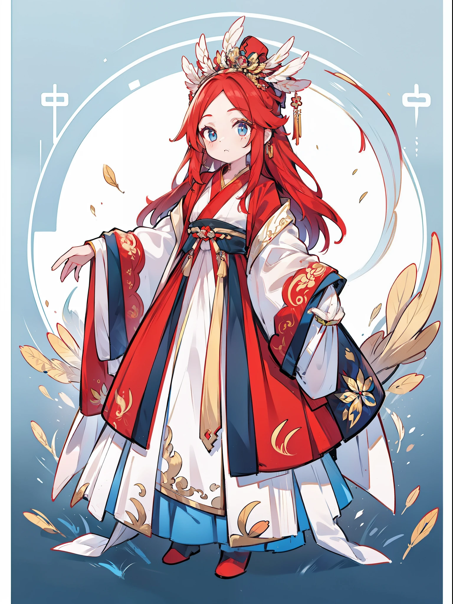 (NOhumans:1.5), a masterpiece of, ultimate,(Farbe,feather hair),(Ancient Chinese Clothes,Pleated long skirt,cloaks,gossamer,Gold chain,red color Hanfu,Phnom Penh embroidery),gameicon,