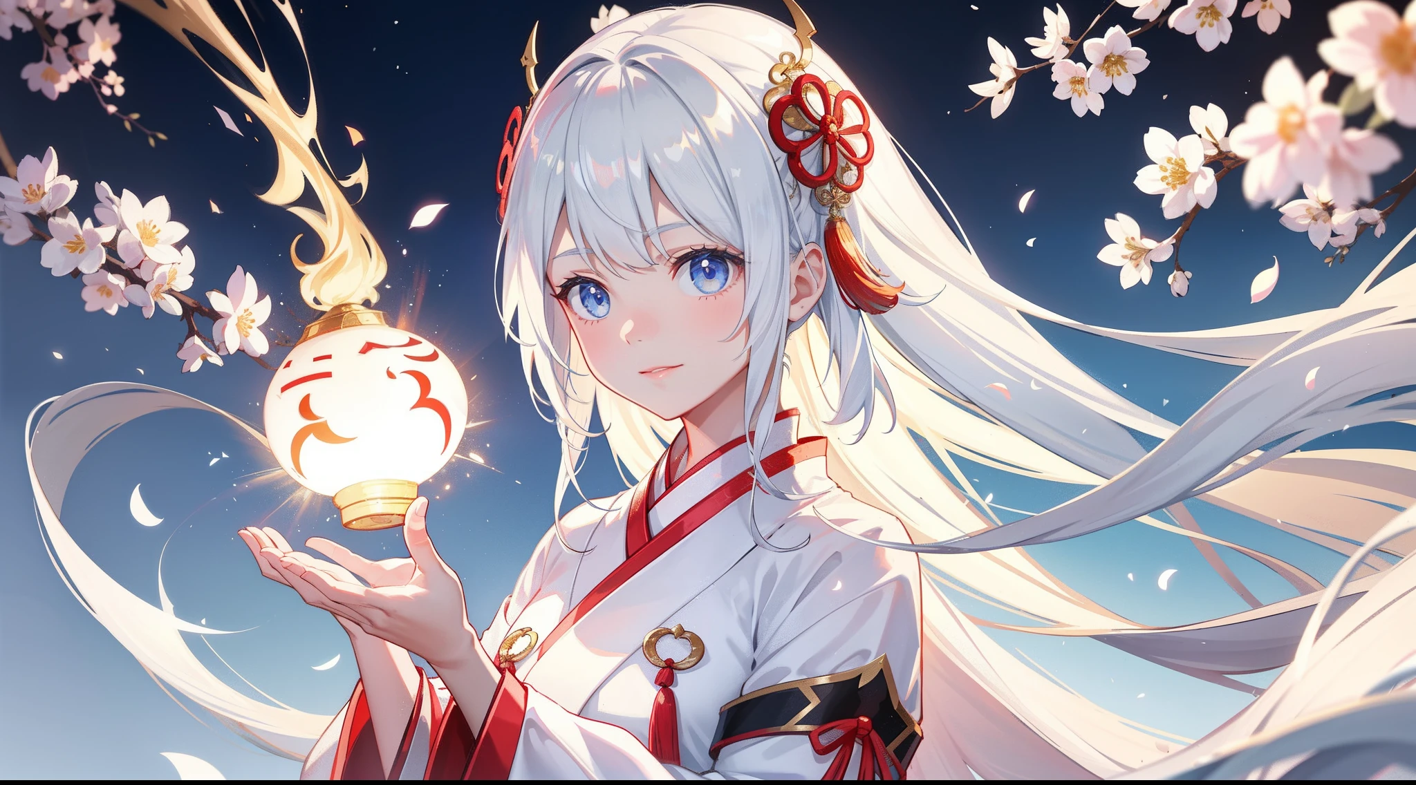 1girl, (hanfu), with light glowing, sidelighting, Wallpapers,adolable，youthfulness，white color hair