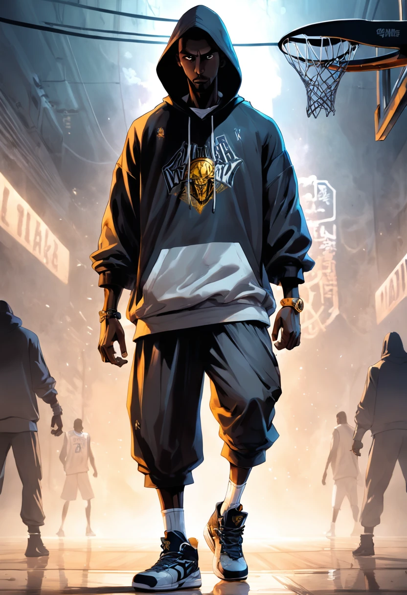 Luis Royo cup head art style, graffiti, full body illustration Kobe Bryant in silhouette, wearing a hoodie hip hop clothing, gangster pose, basketball in hand, minimalistic, rtx, UHD, cell shading, 32k, ray tracing, well defined, comic, digital painting, cartoon, photorealistic, drawing, unreal engine, octane render, shaders, 4d