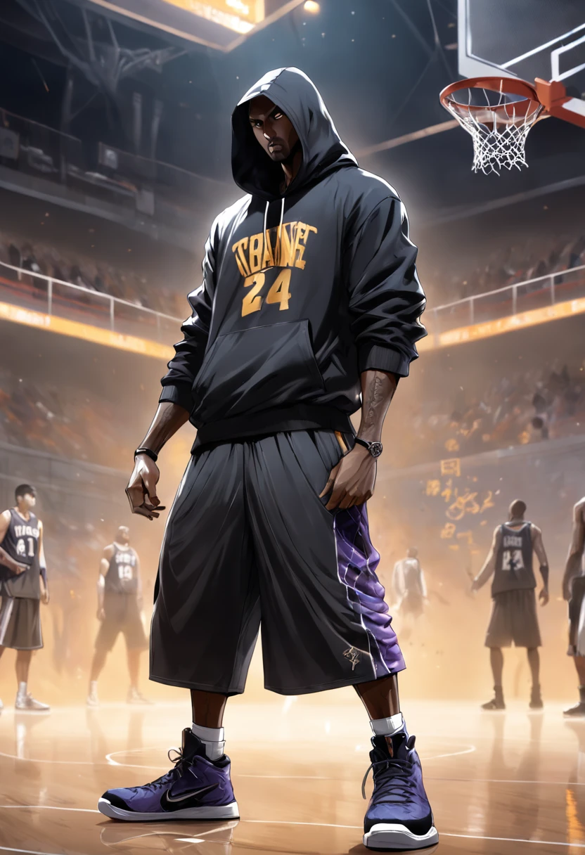 Luis Royo cup head art style, graffiti, full body illustration Kobe Bryant in silhouette, wearing a hoodie hip hop clothing, gangster pose, basketball in hand, minimalistic, rtx, UHD, cell shading, 32k, ray tracing, well defined, comic, digital painting, cartoon, photorealistic, drawing, unreal engine, octane render, shaders, 4d