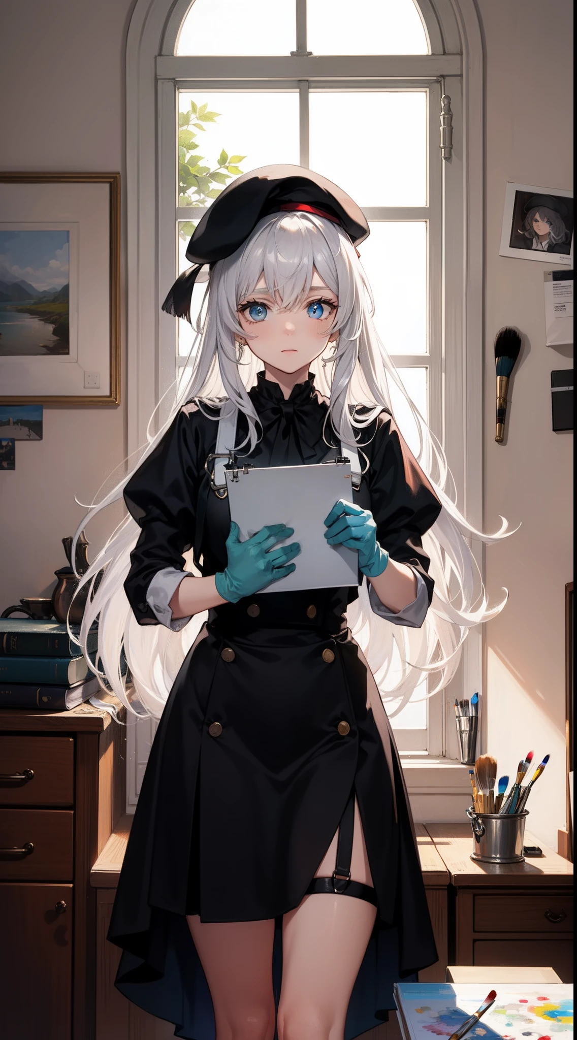 Long white hair,eBlue eyes,black beret,Artis,Drawing board,paint brushes,mitts,White suspenders,inside in room