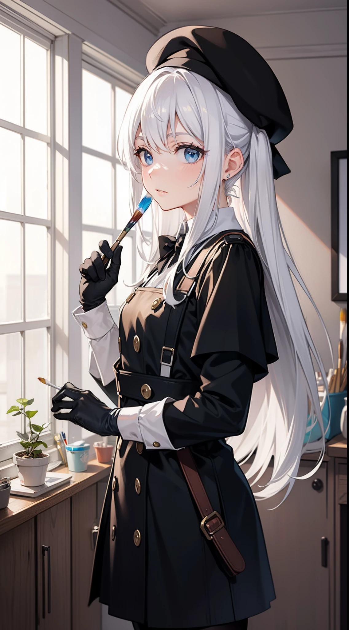 Long white hair，eBlue eyes，black beret，Artis，Drawing board，paint brushes，mitts，White suspenders，inside in room