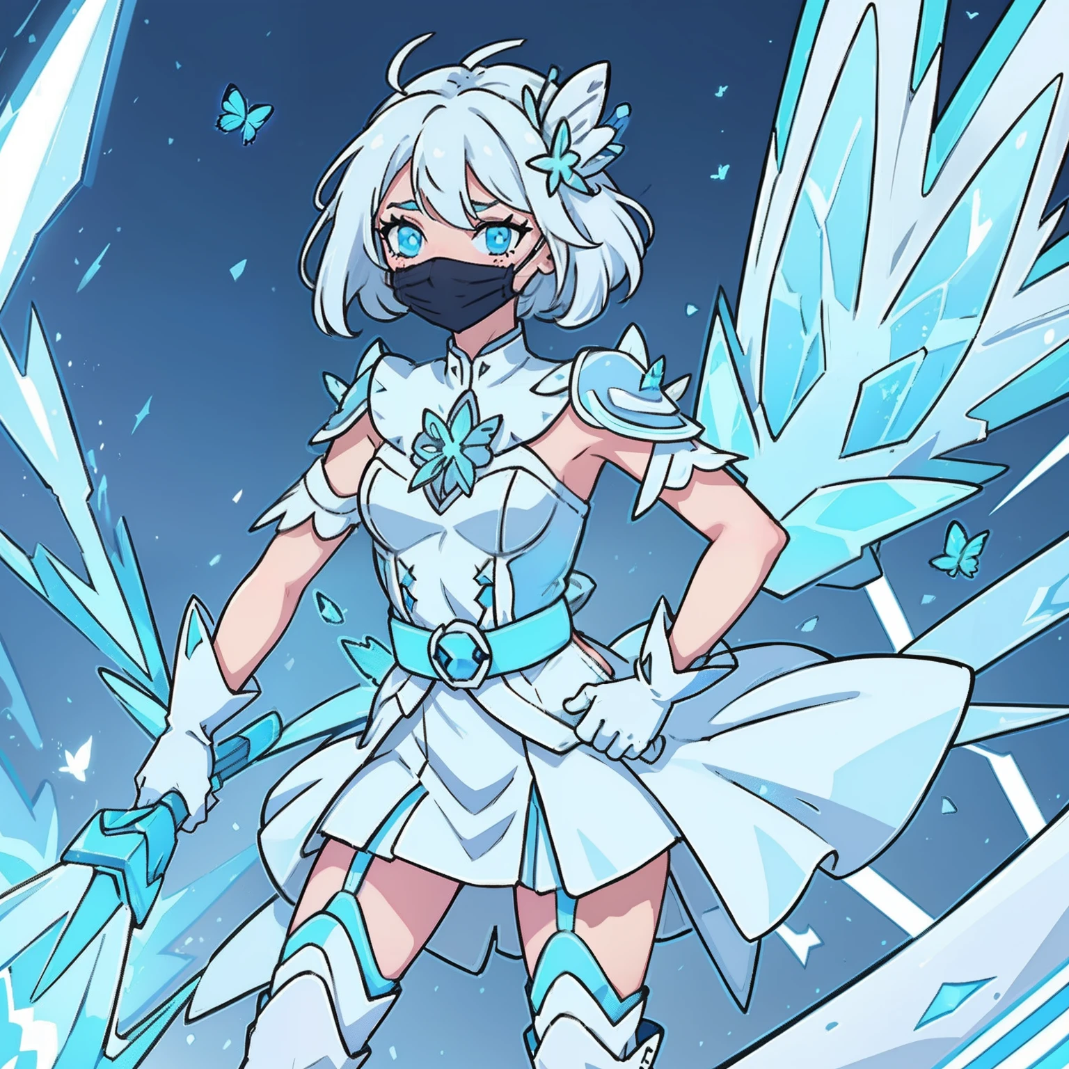woman, white hair, neon blue butterfly in hair, ice crown with spikes on top, blue mask, white gloves with blue cuff, white dress with blue outline and white belt with neon blue butterfly, holding neon blue butterfly, white boots