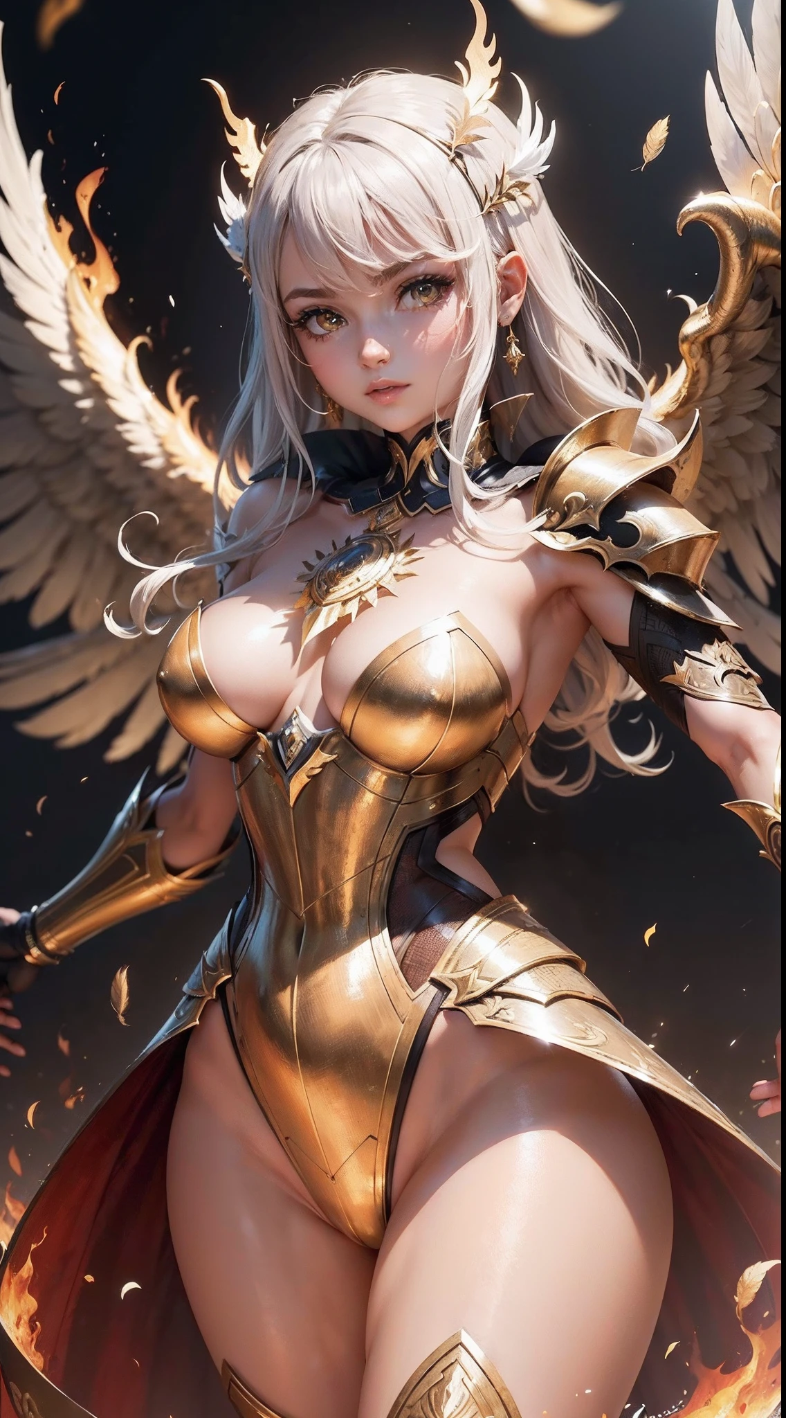 (master part), em ouro completo Knight armadura, Qualidade Superior, olhos expressivos, rosto perfeito, pele vermelha, Feathers on the legs and arms, Phoenix woman, magia do fogo, Palm Fireball Spell, 8k_papel de parede, olhos altamente detalhados, corpo muito alto detalhado, dedos muito detalhados, (Obra-prima da arte digital), (detailed manga illustration), (arte de linha detalhada), (perfeito)) anatomia, Better hand)), (detalhes intrincados: 1.3), (altamente detalhado: 1.3 ), (illustration :1.3), (foco nítido:1.3), (luz natural:1.05), (Cor brilhante:1.3),