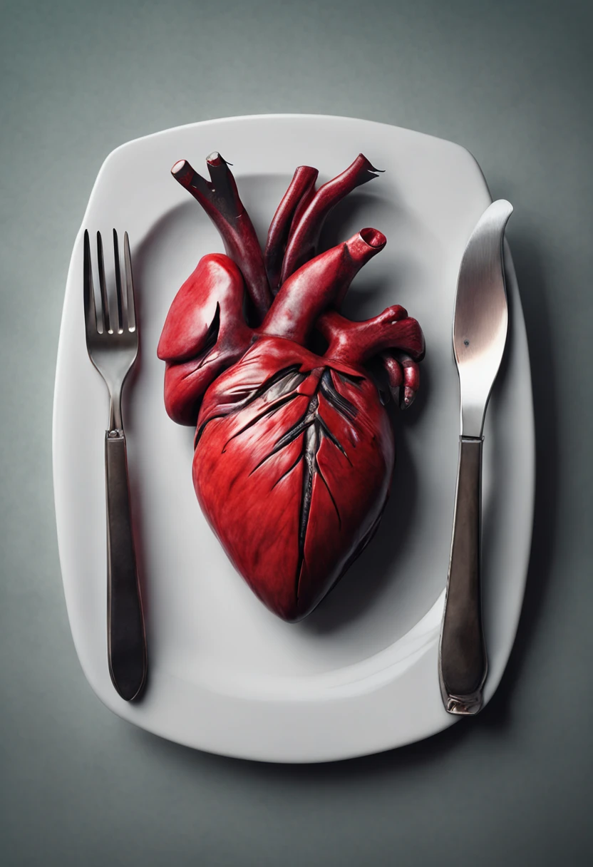 a human heart, served on a dinner plate, the heart has a fork and a knife stuck in it, the photo is a top-down portrait, ultra realistic photo, 8k quality, fullhd