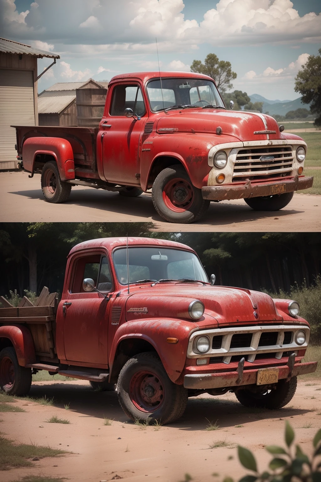 An old red pickup can be an old or classic vehicle, date back decades. Can have a more rustic style, com linhas retas e robustas, ou um design mais elegante e arrojado, depending on the specific model. Geralmente, Old pickup trucks are known for their strength and carrying capacity, sendo utilizadas principalmente para trabalho no campo ou transporte de mercadorias. The red color can give a special charm to the vehicle, making it even more flashy and nostalgic. roda cromada