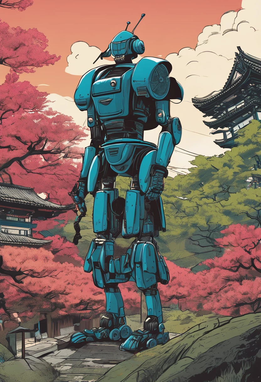 A robot of martial artists in kendo uniform beginning a long journey in the trees towards a Japanese feudal monastery in the distance, We're looking at the back of the robot as it looks into the distance