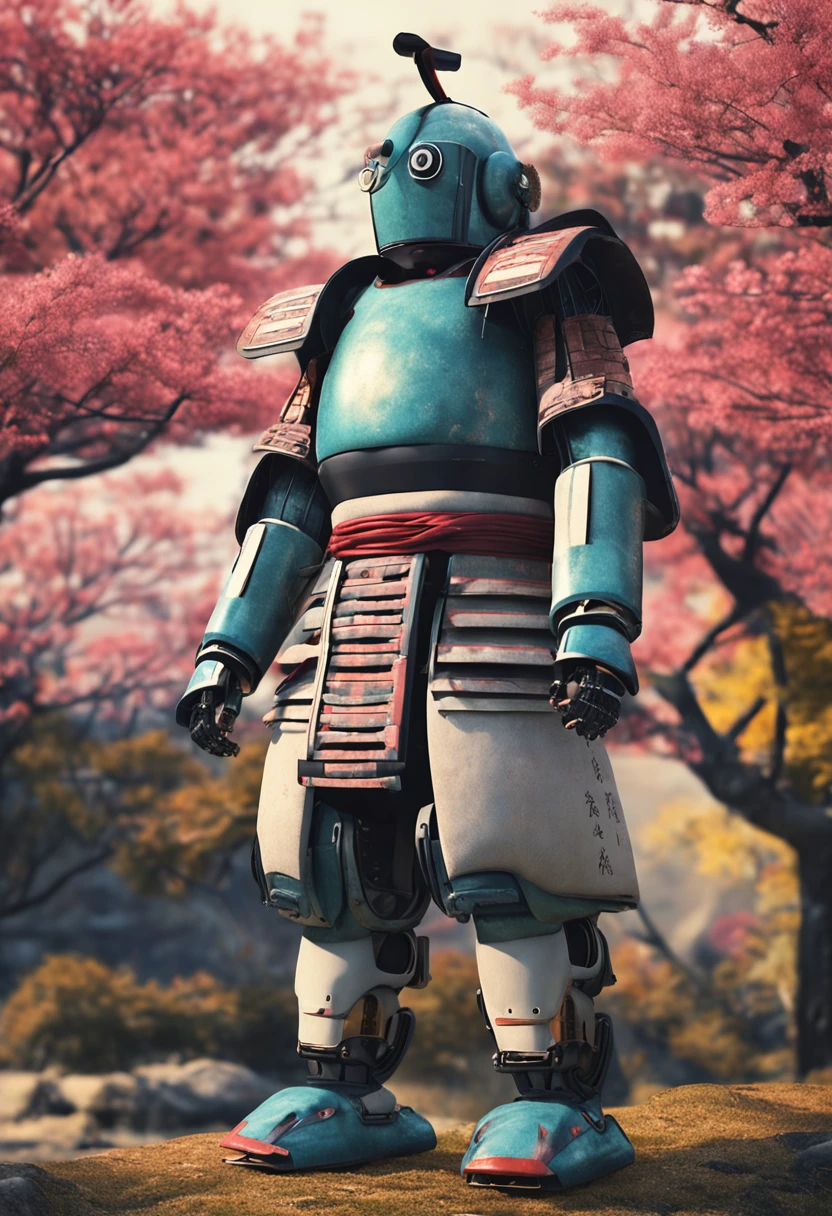 A robot of martial artists in kendo uniform beginning a long journey in the trees towards a Japanese feudal monastery in the distance, We're looking at the back of the robot as it looks into the distance