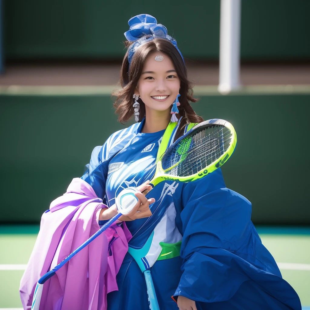 Smiling woman in costume holding tennis racket