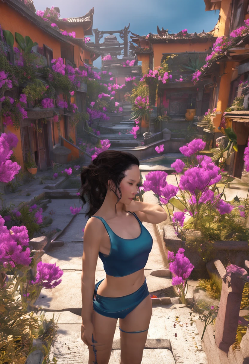 A MILF，Around forty years old，Wear a purple sleeveless hurdle vest，long azure hair。Plump body type，Large chest，Asian people，Face is flat，Beautiful looks，Smile