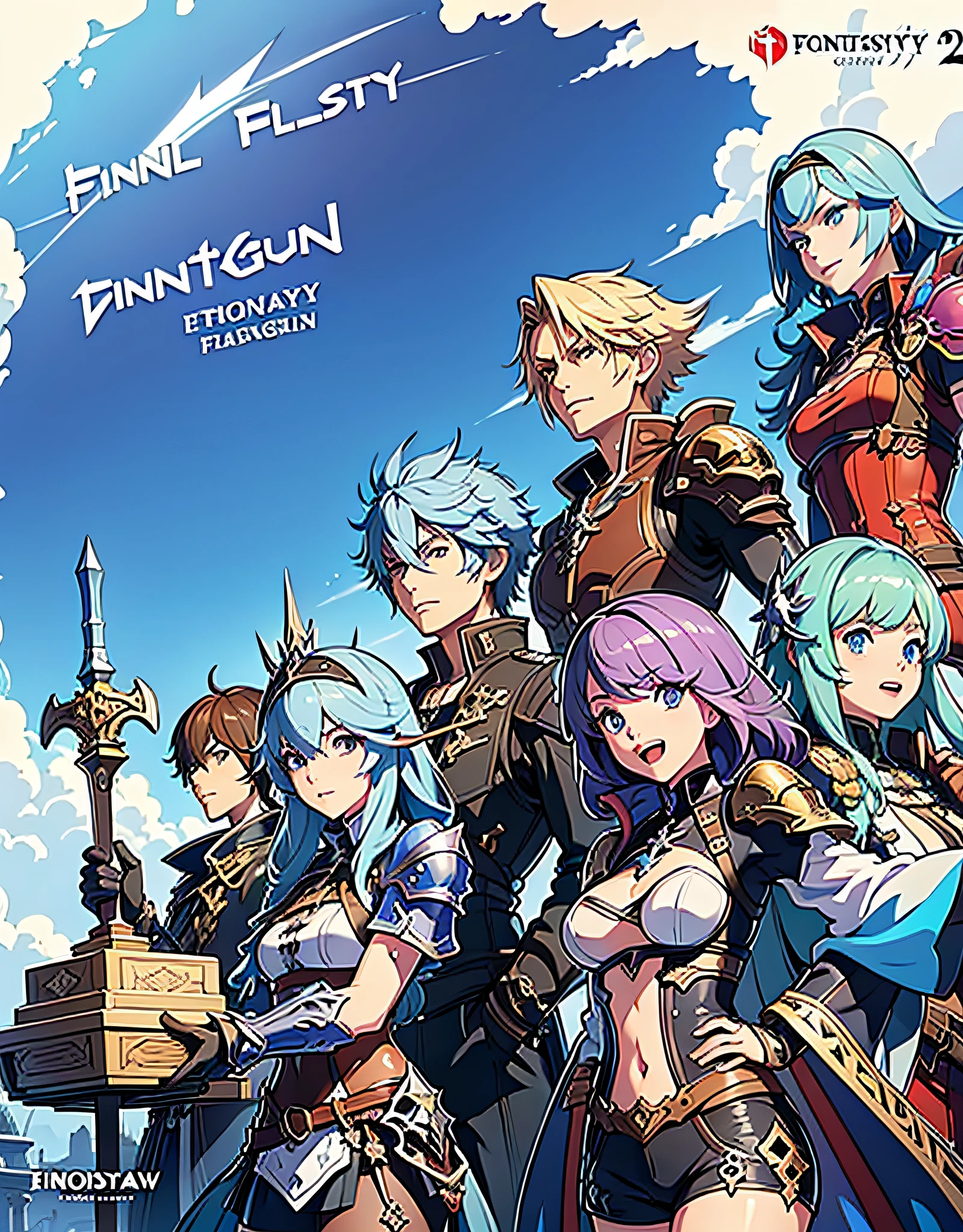 a group of anime characters standing together in front of a blue sky, final fantasy 1 2 style, final fantsy, final fantasy style, jrpg, final fantasy character, jrpg character art, from final fantasy, final - fantasy, final-fantasy, final fantasy, art style of dark cloud 2, key art, granblue fantasy, square enix, high quality, best quality, high detail, perfect draw, official artwork, detailed cover artwork, key art, promo art, album art, front cover of a new video game, enhanced, official art, anime cover, board game cover art, promotional art, box art, album art cover, game cover, battle chasers, official anime artwork, album cover, high-quality face, high quality hand, by bestiary_style, fantasy, armor, sword, extreme quality, rpg, diferent hair color