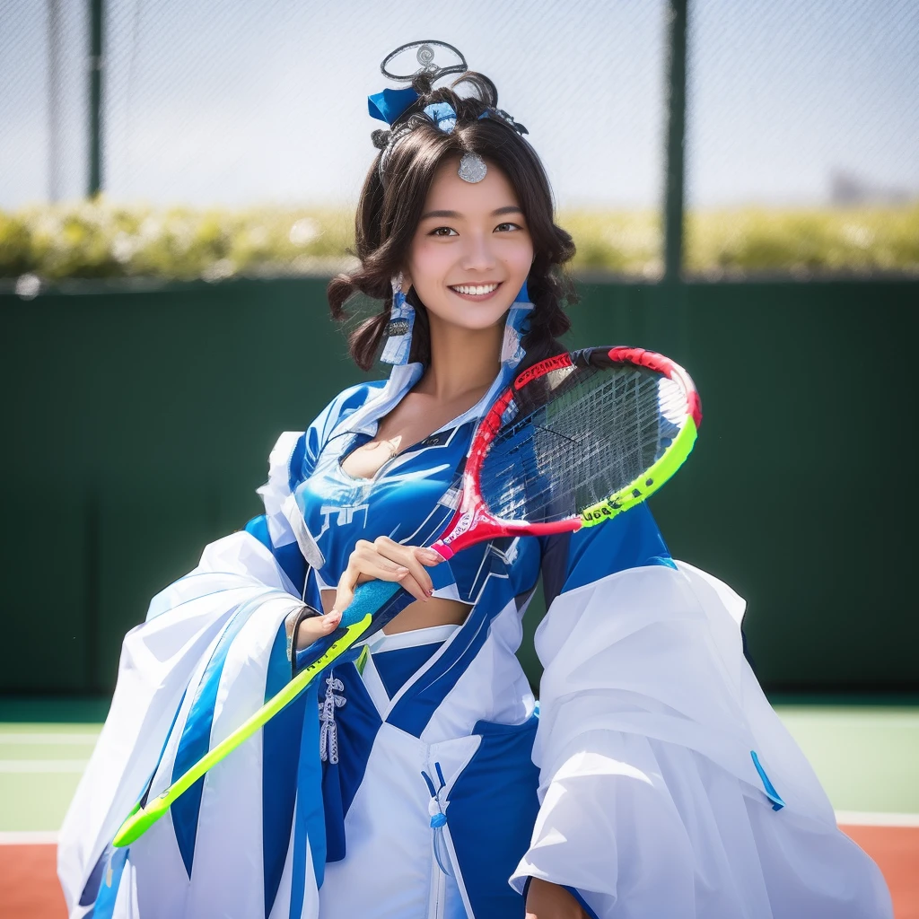 Smiling woman in costume holding tennis racket