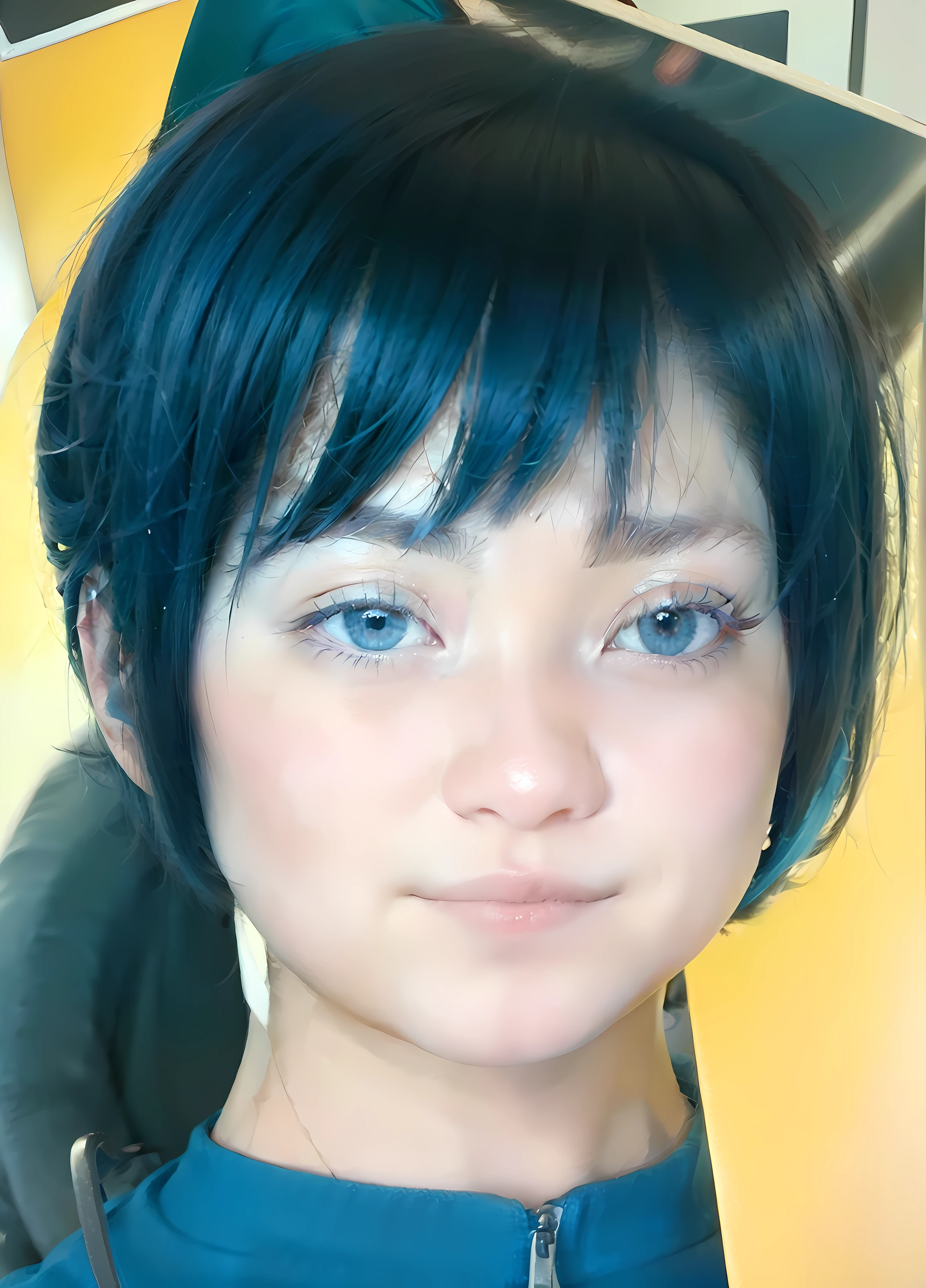 1girl, short hair, blue eyes, black t-shirt, smile, realistic, ultra detail, 70mm lens,