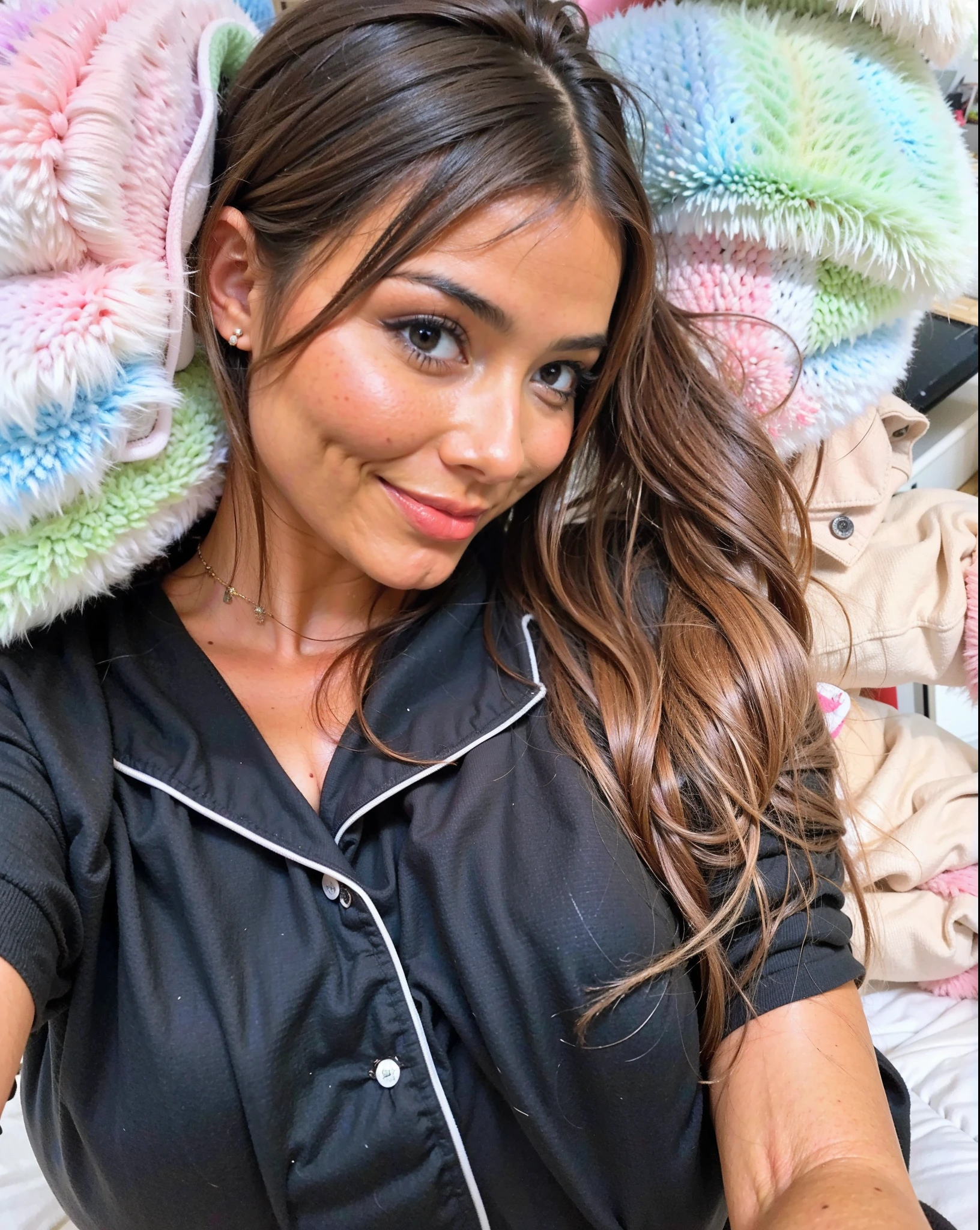 Arafed Mujer con camisa negra acostada en la cama con oso de peluche, posando en la cama, Violeta Myers, posando en un dormitorio, olivia culpo, sentada en su cama, selfie de una mujer joven, Retrato Sophie Mudd, en mi cama, sin maquillaje, 2 4 year old female model, Sentado en una cama, 18 years old, leve sonrisa linda