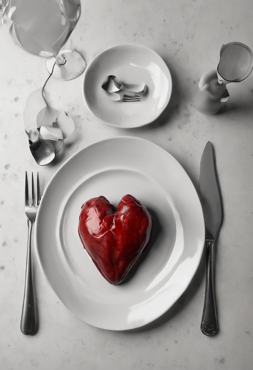 a human heart, served on a dinner plate, the heart has a fork and a knife stabbed in it, the photo is a top-down portrait, ultra realistic photo, 8k quality, fullhd