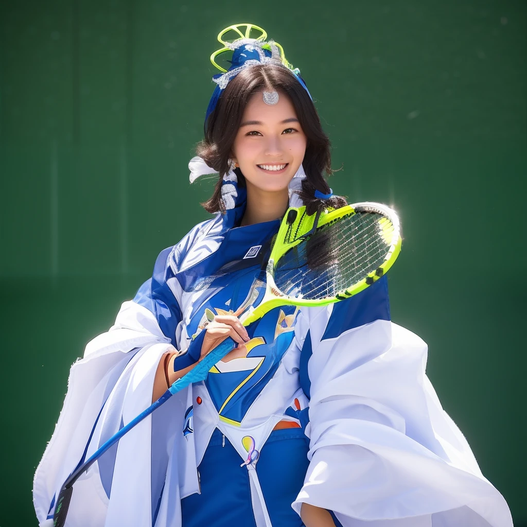 Smiling woman in costume holding tennis racket