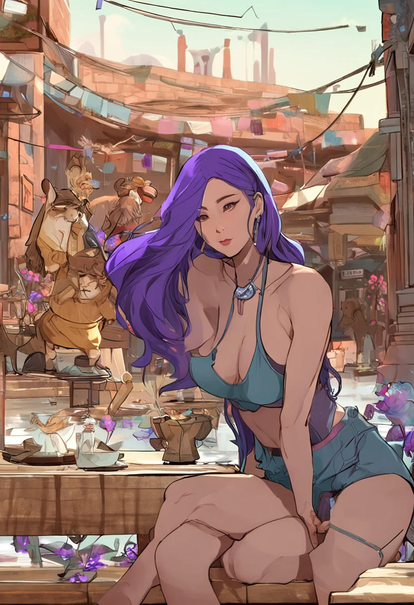A MILF，Around forty years old，Wear a purple sleeveless hurdle vest，long azure hair。Plump body type，Large chest，Asian people，Face is flat，Beautiful looks，Half exposed breasts，Smile