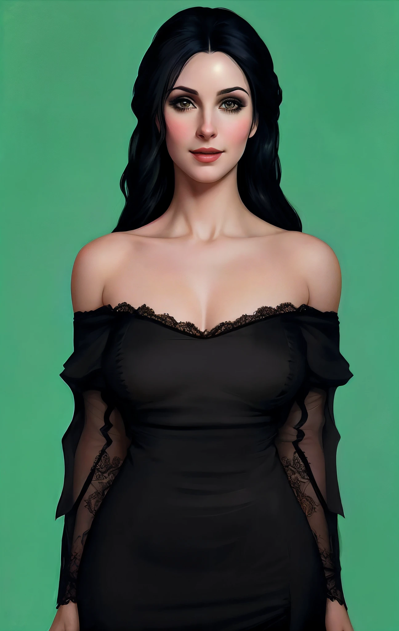 mulher arafed em um vestido preto com um top puro, No estilo de arte de Bowater, Yennefer de Vengerberg, Yennefer, cabelo preto longo detalhado, arte digital de um elegante, master part! Retrato de Arwen, Retrato da parte superior do corpo, pintura digital renascentista, render de mirabel madrigal, inspirado em Sim Sa-jeong