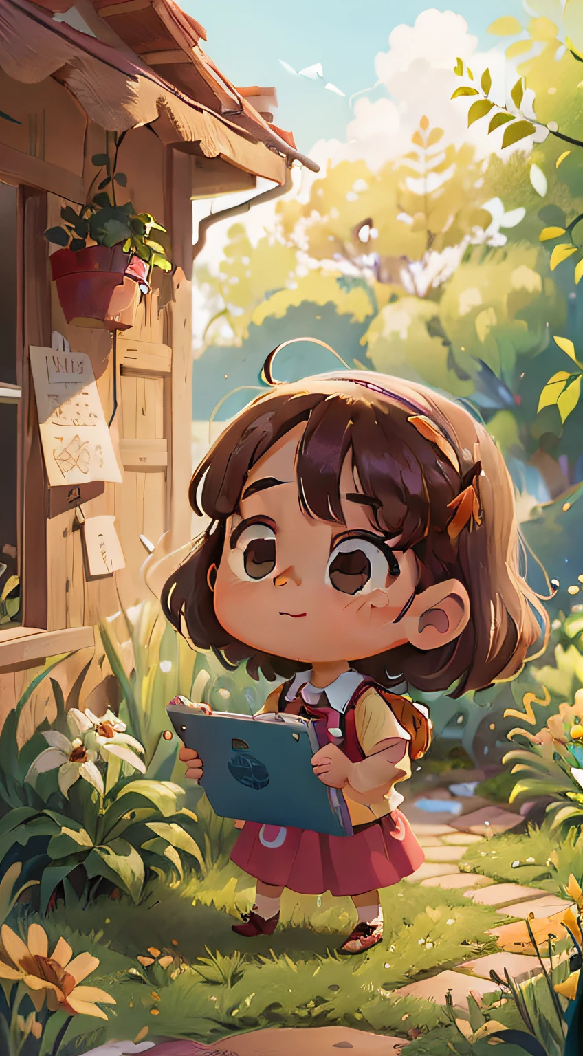 Cartoon illustration of a curious and intelligent girl in a garden in front of her house, Arte infantil en ArtStation, Lindo estilo de arte, Lindo arte digital detallado, Girl with tender face Mini Cute Girl, Adorable pintura digital, Lindo arte digital, lindas ilustraciones detalladas, Lindo personaje de dibujos animados, Pintura realista de chica linda, Cartoon Artstyle, illustration cute, Mobile Game Art, lindo estilo de dibujos animados, procreate illustration.
The setting is a large garden with a small house with in the background, investigadora, curiosa, girl's face showing surprise and happiness, calidad perfecta, enfoque claro (desorden - espacio: 0.8), (obra maestra: 1.2) (realista: 0.4) (mejor calidad) (piel detallada: 1.2) (detalles complejos) (8K) (ojos detallados, en todos los personajes) (Edge blur), (feliz) cuerpo completo, fondo limpio, long vision composition, disparo de f2.8