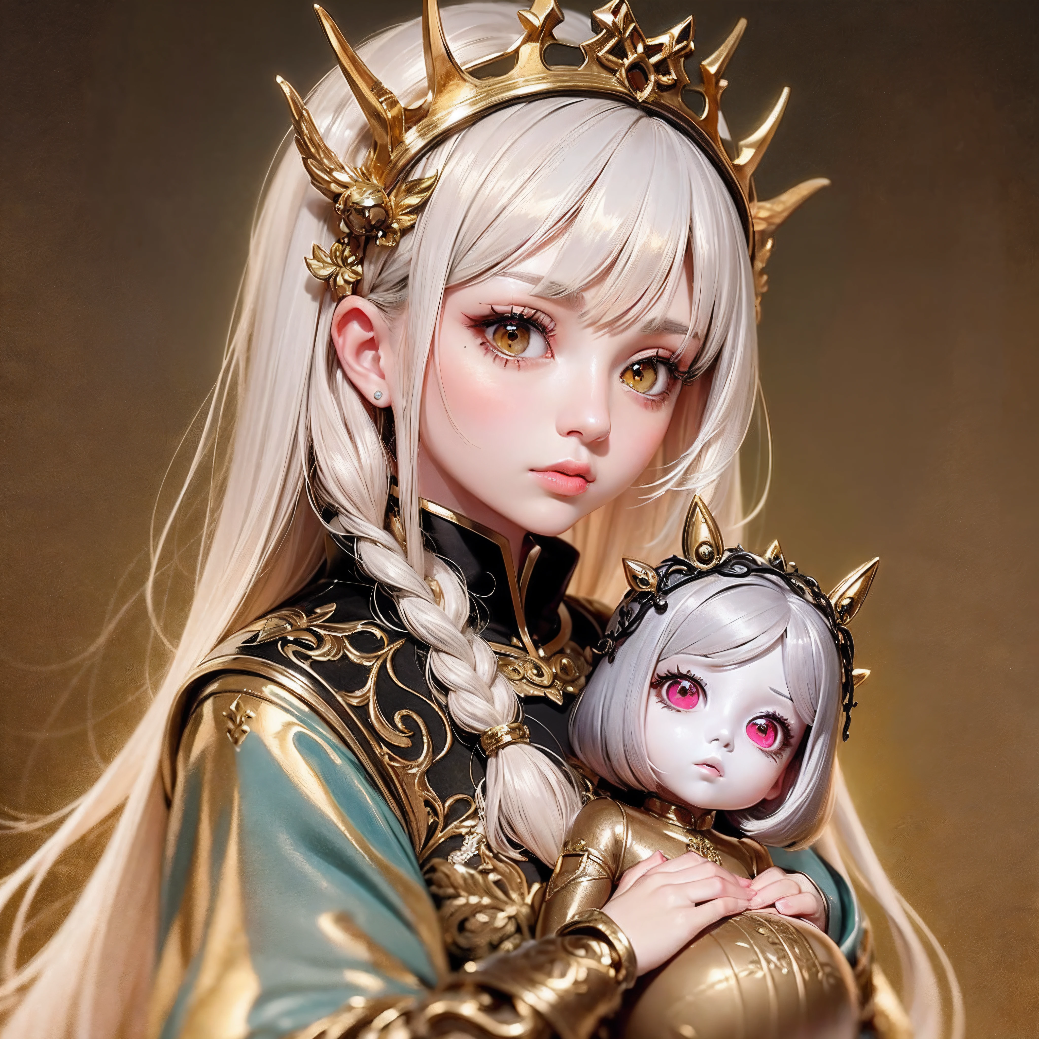 best quality, masterpiece,white hair, gold eyes,white clothes, looking up, upper body,hair strand,Fair skin,side braids a close up of a young girl with brown hair, beautiful character painting, guweiz, artwork in the style of guweiz, brown haired deity, by Yang J, epic exquisite character art, stunning character art, by Fan Qi, by Wuzhun Shifan, guweiz on pixiv artstation, brown hair, big eyes, red eyes, big sad eyes, red eyes, holding a doll, doll head crown, creepy, horror, cute girl, small lips, rosey cheeks, green and gold clothes, her crown is made of doll heads, young girl