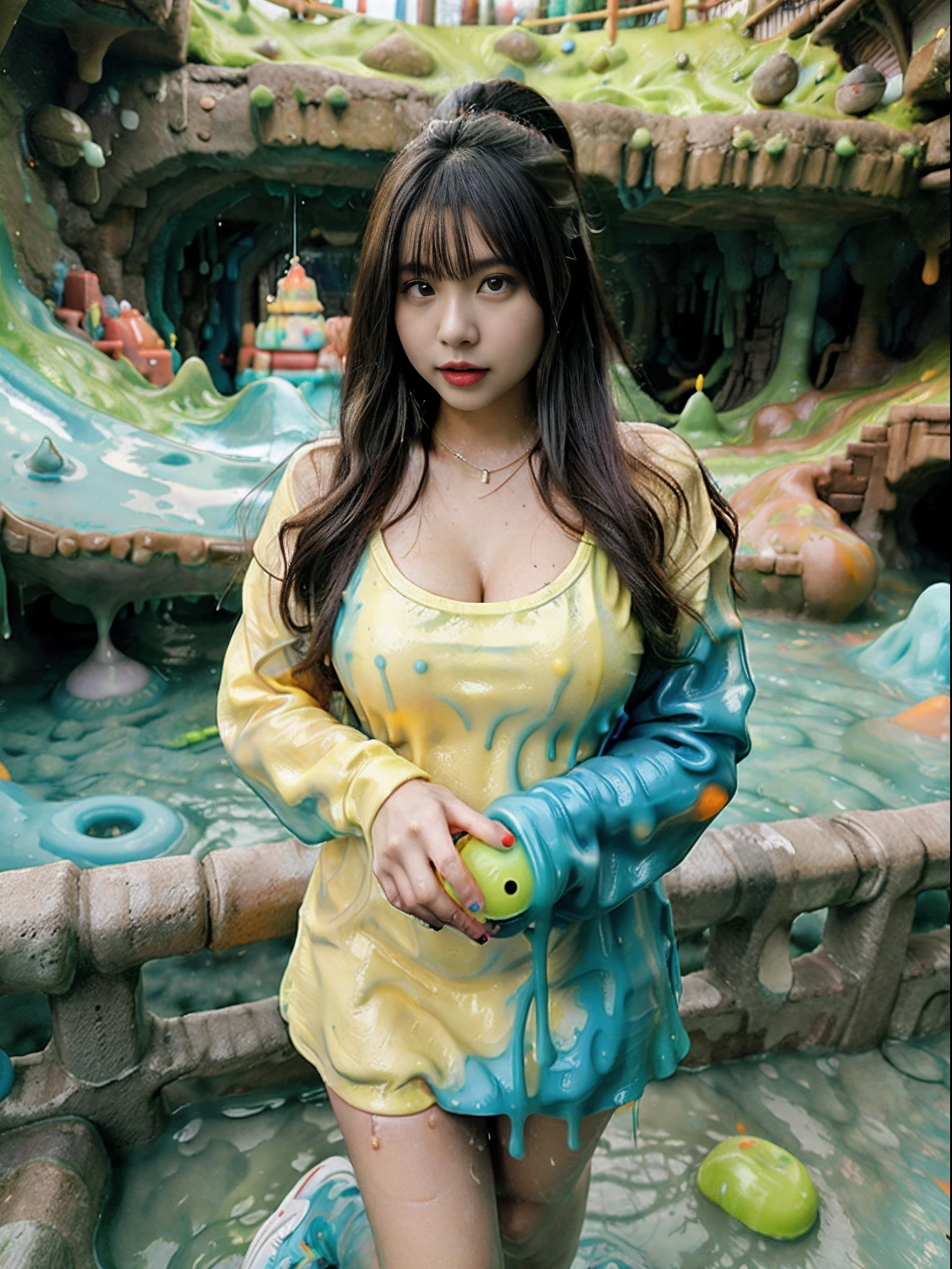 1人の女性、high-angle shot、25-years old、masterpiece、top-quality、ultra-detailliert、the ground、japanes、a blond、(Curvaceous:1.4)、((Happiness))、Opens mouth and laughs、gals、Big breasts、Contrasty、Green Slime AI、Blue slime、Red slime、Orange slime、Purple slime、Yellow slime、Light blue slime、White Slime Cave、Lame included、Oversized jersey dress、High Top Sneakers、Clothes with holes、Holding a large water pistol in your hand
