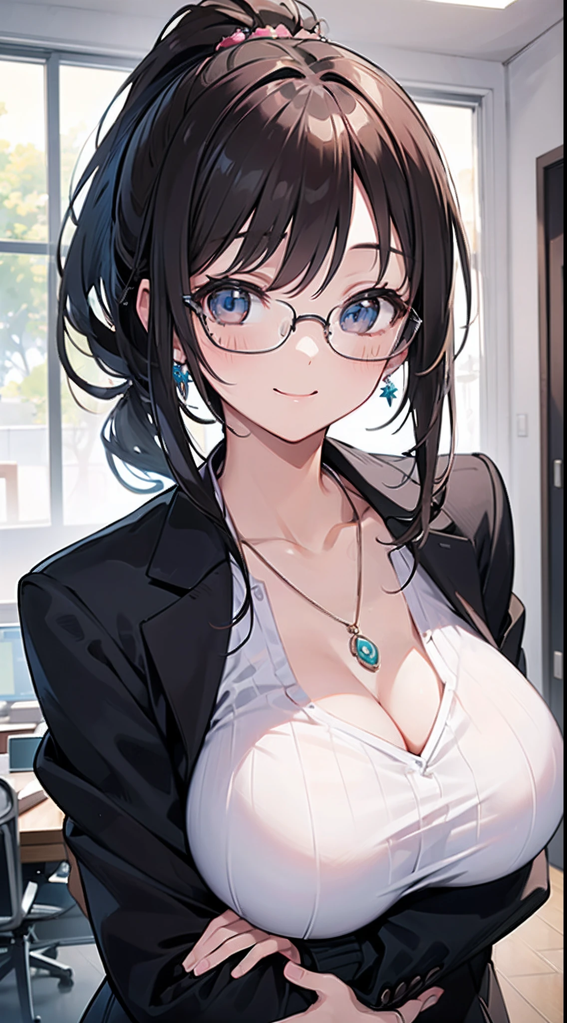 ((masterpiece)), ((best quality)), (ultra-detailed), ((kawaii)), cute, (lovely), ((extremely detailed)), 4K, (8K), best quality, (beautiful), anime style, upper body, folding  arms, focus on the face, office, morning, a cute girl, 1girl, solo, suit, beautiful dark brown hair, beautiful white eyes, ((beautiful eyes)), white-skinned, ponytail, transparent hair, translucent hair, large breast, glasses, earrings, necklace, smiling, happy, wind effect