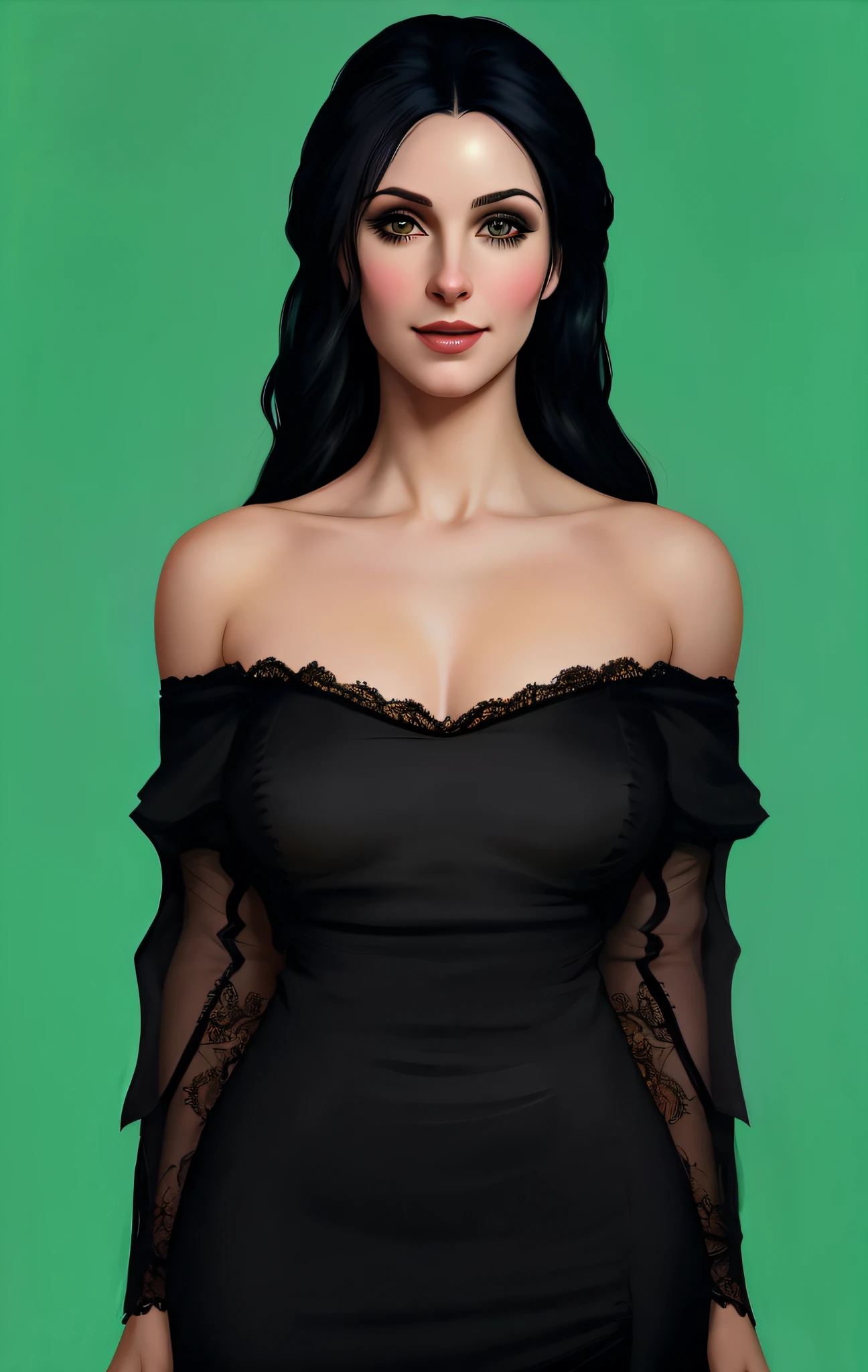 mulher arafed em um vestido preto com um top puro, No estilo de arte de Bowater, Yennefer de Vengerberg, Yennefer, cabelo preto longo detalhado, arte digital de um elegante, master part! Retrato de Arwen, Retrato da parte superior do corpo, pintura digital renascentista, render de mirabel madrigal, inspirado em Sim Sa-jeong