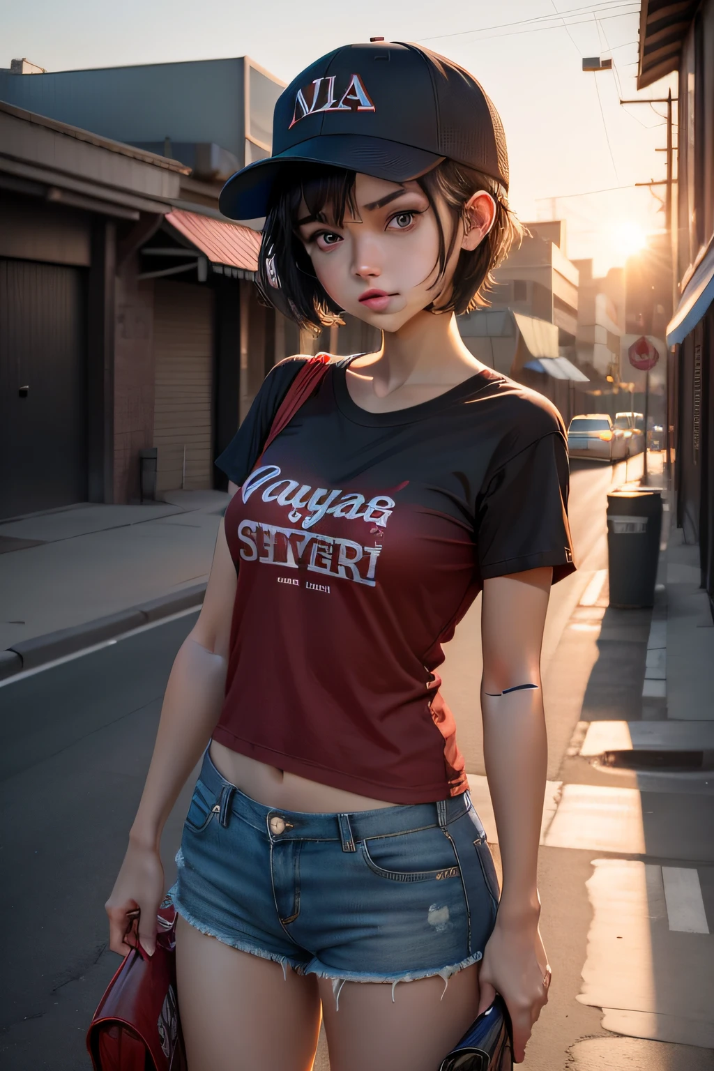 1 girl short black hair, blue eyes, wearing baseball cap backward, red shirt, Demin shorts, city alley, absurd Res, ultrasharp, 8K masterpiece, looking at sunset.