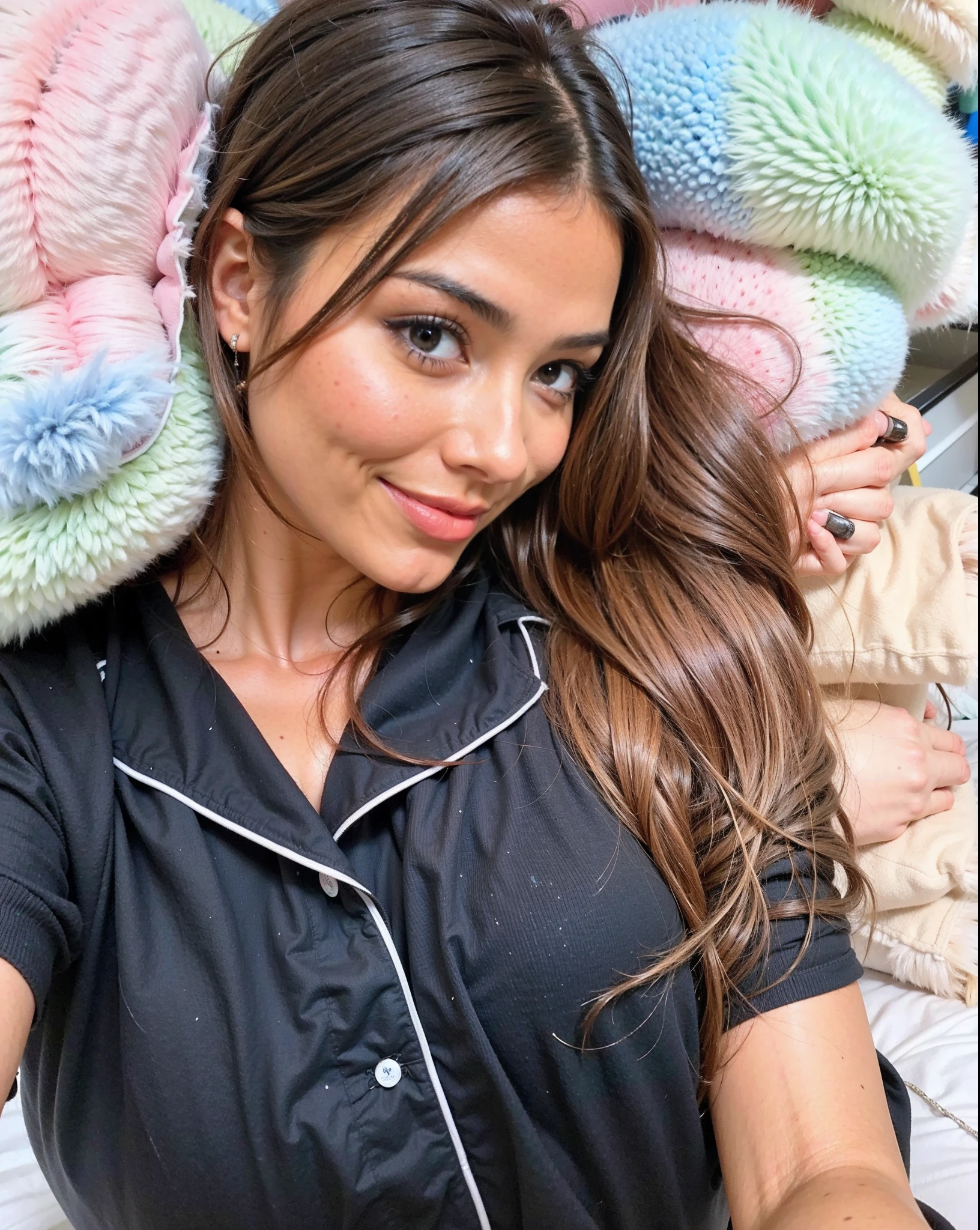 Arafed Mujer con camisa negra acostada en la cama con oso de peluche, posando en la cama, Violeta Myers, posando en un dormitorio, olivia culpo, sentada en su cama, selfie de una mujer joven, Retrato Sophie Mudd, en mi cama, sin maquillaje, 2 4 year old female model, Sentado en una cama, 18 years old, leve sonrisa linda