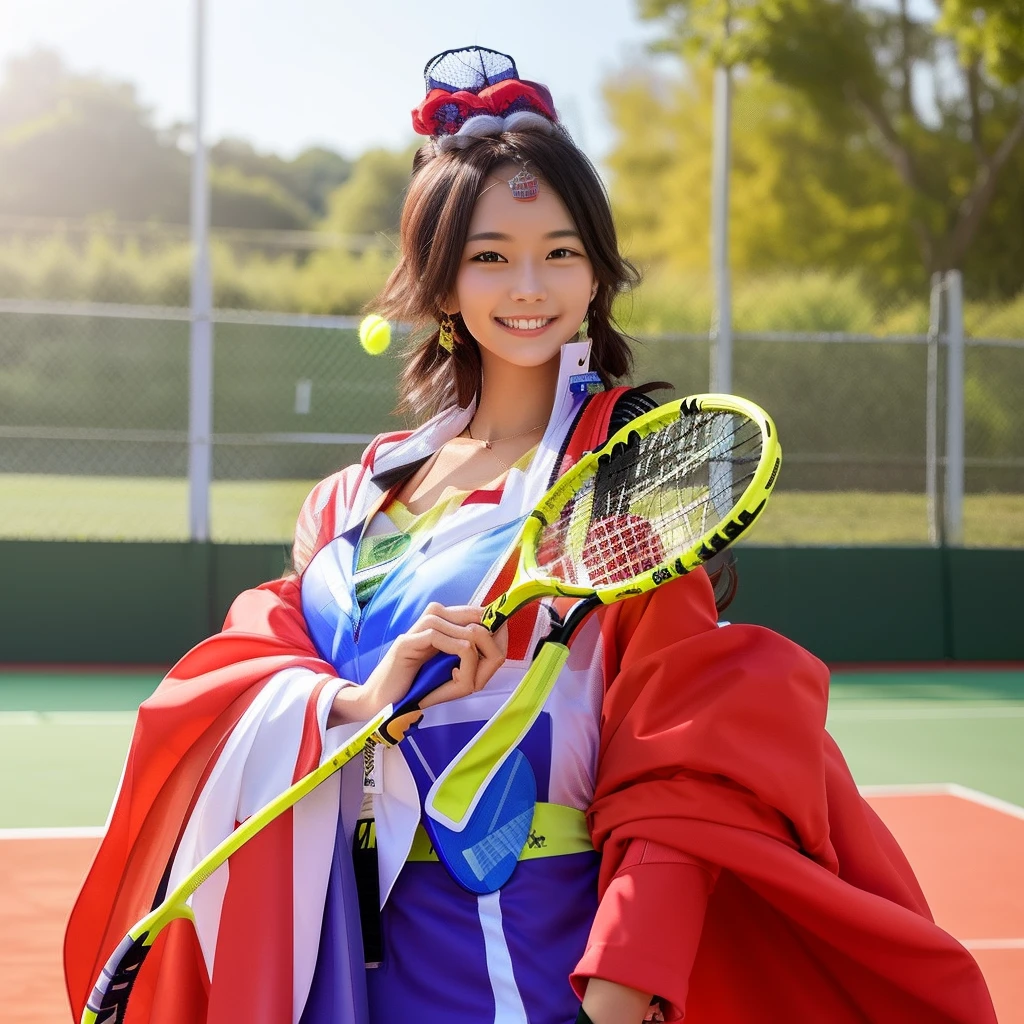Smiling woman in costume holding tennis racket